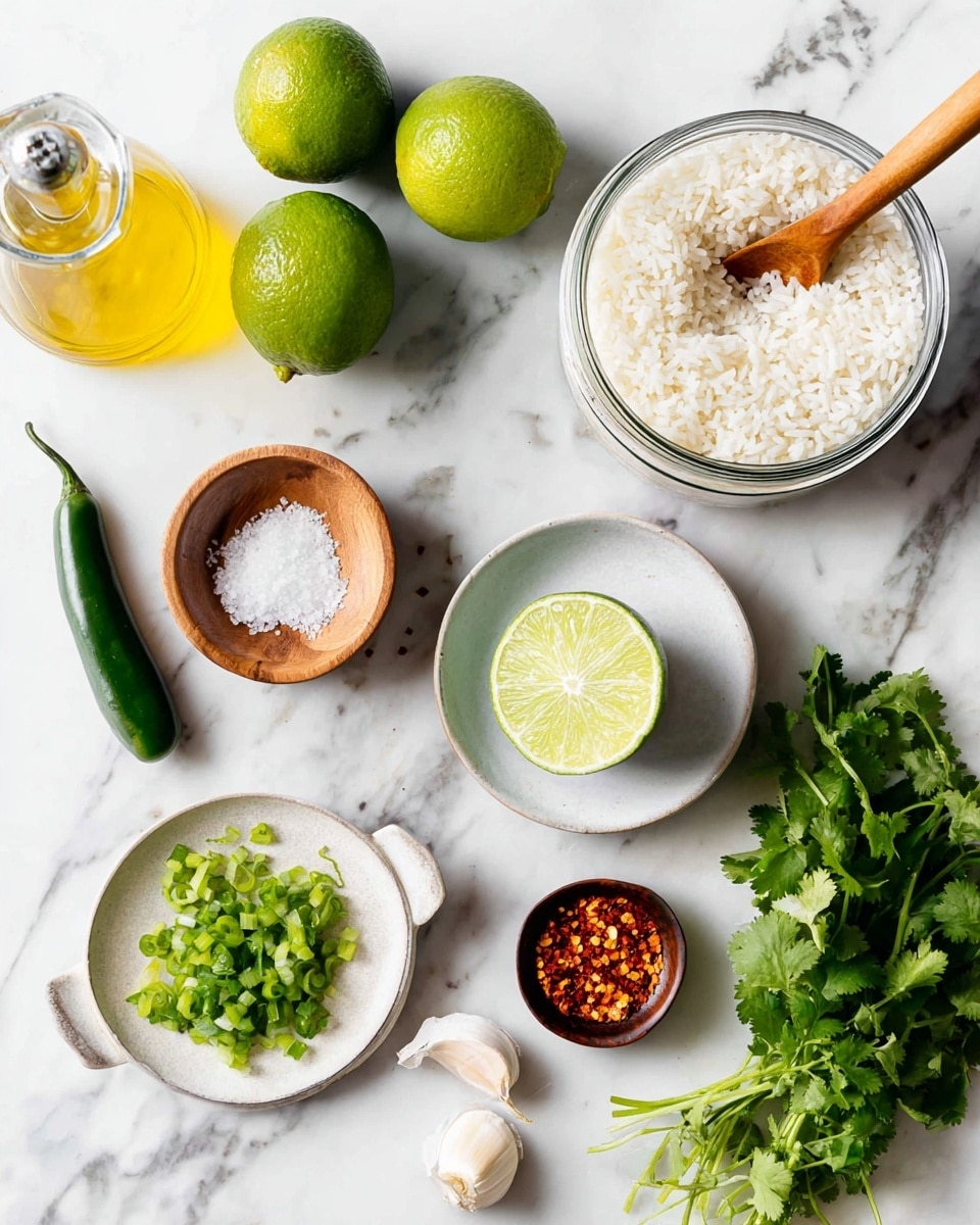 On a white marbled surface, there is a clear jar filled with white rice with a wooden spoon inside, located at the upper right. To the left, two whole bright green limes sit next to a small bottle of yellow oil. Below, a white plate holds a lime cut in half, showing its light green inside. A small wooden bowl filled with fresh green cilantro leaves is placed at the bottom right. To the left of the cilantro, a clear bowl contains chopped green onions with white parts. Nearby, a single whole green chili pepper and two unpeeled garlic cloves lay on the surface. A small wooden bowl with red chili flakes and a small white bowl with coarse salt complete the scene. Photo taken with an iphone --ar 4:5 --v 7