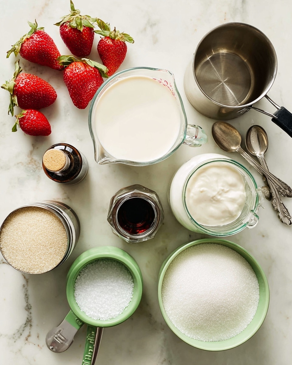 The image shows various baking ingredients arranged on a white marbled surface. There are six fresh strawberries with green tops on the left side, next to a small metal pot with a black handle at the top right. In the center, there is a clear glass measuring cup filled with white cream, and to its right, a glass jar also filled with a white liquid. Below the measuring cup, a small bottle with dark vanilla extract is placed near two green measuring cups, one filled with white granulated sugar and the other empty, stacked next to them. At the bottom right, a green bowl contains coarse salt, and nearby there are two metal measuring spoons, one of which has salt in it. All items are neatly placed on the white marbled surface, showing a clean and organized setup. photo taken with an iphone --ar 4:5 --v 7