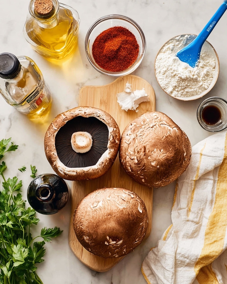 Four large brown mushrooms are arranged on a light wooden board placed on a white marbled surface. Two mushrooms show their dark brown gills facing up, while the other two display textured, round caps. Nearby, a small clear glass bowl filled with red paprika powder is placed next to a blue measuring spoon, while another small bowl holds white flour with a white powder and blue spoon beside it. A clear glass bottle with golden olive oil, a dark bottle of tamari, and a round glass container of dark balsamic vinegar are set around the mushrooms. Fresh green parsley sprigs and a white cloth with yellow stripes are also on the white marbled surface. photo taken with an iphone --ar 4:5 --v 7