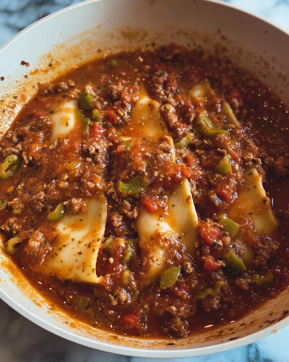 This dish shows a white bowl filled with a thick, rich tomato sauce mixed with small pieces of browned ground meat and diced green peppers, giving a chunky texture. Inside the sauce, there are six broad, flat, and pale pasta strips submerged and slightly visible on the surface, arranged in a circular pattern. The sauce has a shiny, slightly oily top layer with visible specks of herbs and spices, set against a white marbled background. The colors mainly include deep red, brown, and green with light cream pasta strips. The photo taken with an iphone --ar 4:5 --v 7