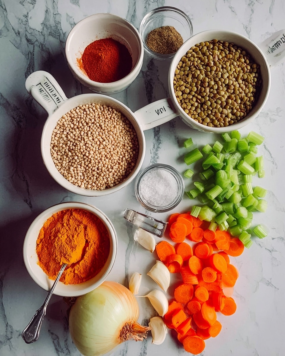 The image shows cooking ingredients arranged on a white marbled surface. There are two small white bowls: one holding a reddish powder and the other holding a brownish herb mix. A medium white bowl filled with bright orange turmeric powder has a small spoon inside. Two measuring cups contain dry grains; the top one with light beige quinoa and the bottom one with green lentils. Fresh vegetables are neatly placed to the right: chopped green celery, sliced orange carrot rounds, a whole onion with peel, and three peeled garlic cloves. A clear glass bottle of seasoning salt lying on its side is also visible near the vegetables. The neat arrangement shows a prepared setup for cooking. photo taken with an iphone --ar 4:5 --v 7