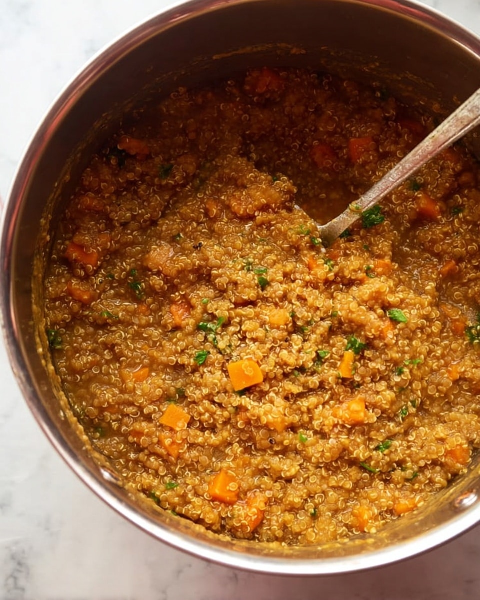 A close-up view of a mix of cooked lentils and quinoa in a large round metal pot. The dish has a soft texture with visible small orange carrot chunks and bits of green herbs scattered inside the thick, light brown mixture. A metal spoon with a slightly rusty handle is placed inside the pot, partially submerged in the food. The pot sits on a white marbled surface, with some light reflections on the inside walls of the pot. Photo taken with an iphone --ar 4:5 --v 7