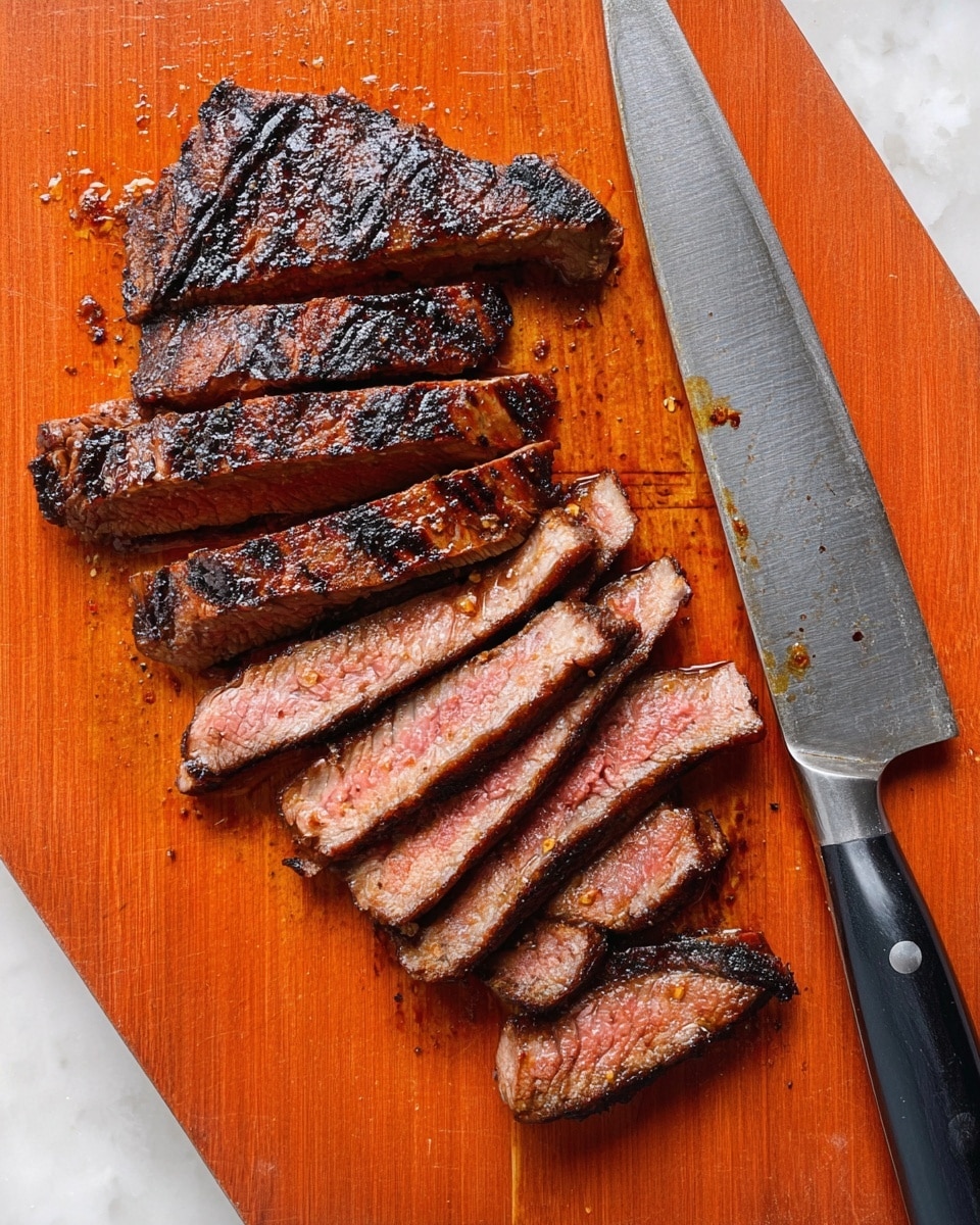 This image shows a wooden cutting board with grilled steak sliced into thin pieces, arranged in a semi-fanned stack from left to right. The steak has a dark brown, charred outer crust with a pink center visible in the slices, showing a juicy texture. To the right of the sliced steak, there is a large metal knife with a black handle resting on the board, its blade showing some marks and small bits of seasoning. The surface beneath the board has a white marbled texture. photo taken with an iphone --ar 4:5 --v 7