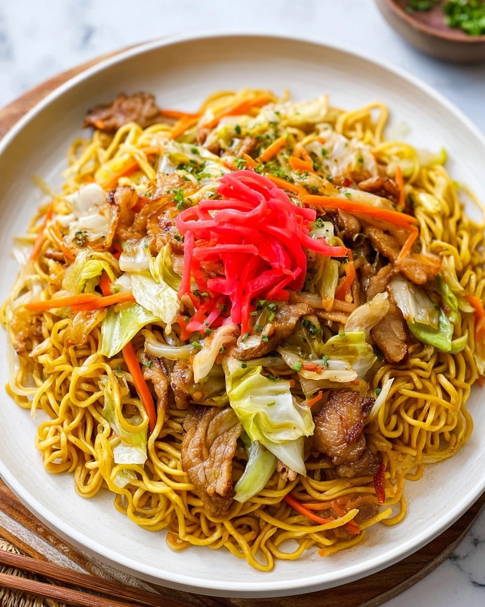 A white plate holds a large pile of stir-fried yellow noodles as the base layer, topped with scattered pieces of cooked brown and golden meat and bright orange carrot strips. There are also light green slices of cabbage and pale translucent onion strips mixed throughout. On top at the center is a small cluster of bright red pickled ginger, adding a pop of color. The plate rests on a white marbled surface with a hint of wooden texture near the edges. photo taken with an iphone --ar 4:5 --v 7
