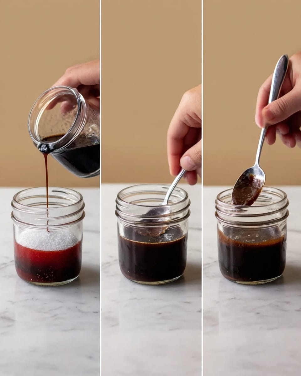 Three side-by-side images show the process of making a dark sauce in a small clear glass jar placed on a white marbled surface. In the first image, a dark liquid is being poured from a small glass cup into the jar that already contains a deep red thick layer at the bottom, and a clear white granulated layer just added on top of the red layer. The second image shows a woman's hand holding a spoon stirring the dark liquid mixed with the other ingredients in the jar, with more dark liquid being poured in as the spoon stirs. In the third image, a woman's hand is holding the jar steady while a spoon fully stirs the thick dark brown sauce inside the glass jar, showing a smooth texture. photo taken with an iphone --ar 4:5 --v 7