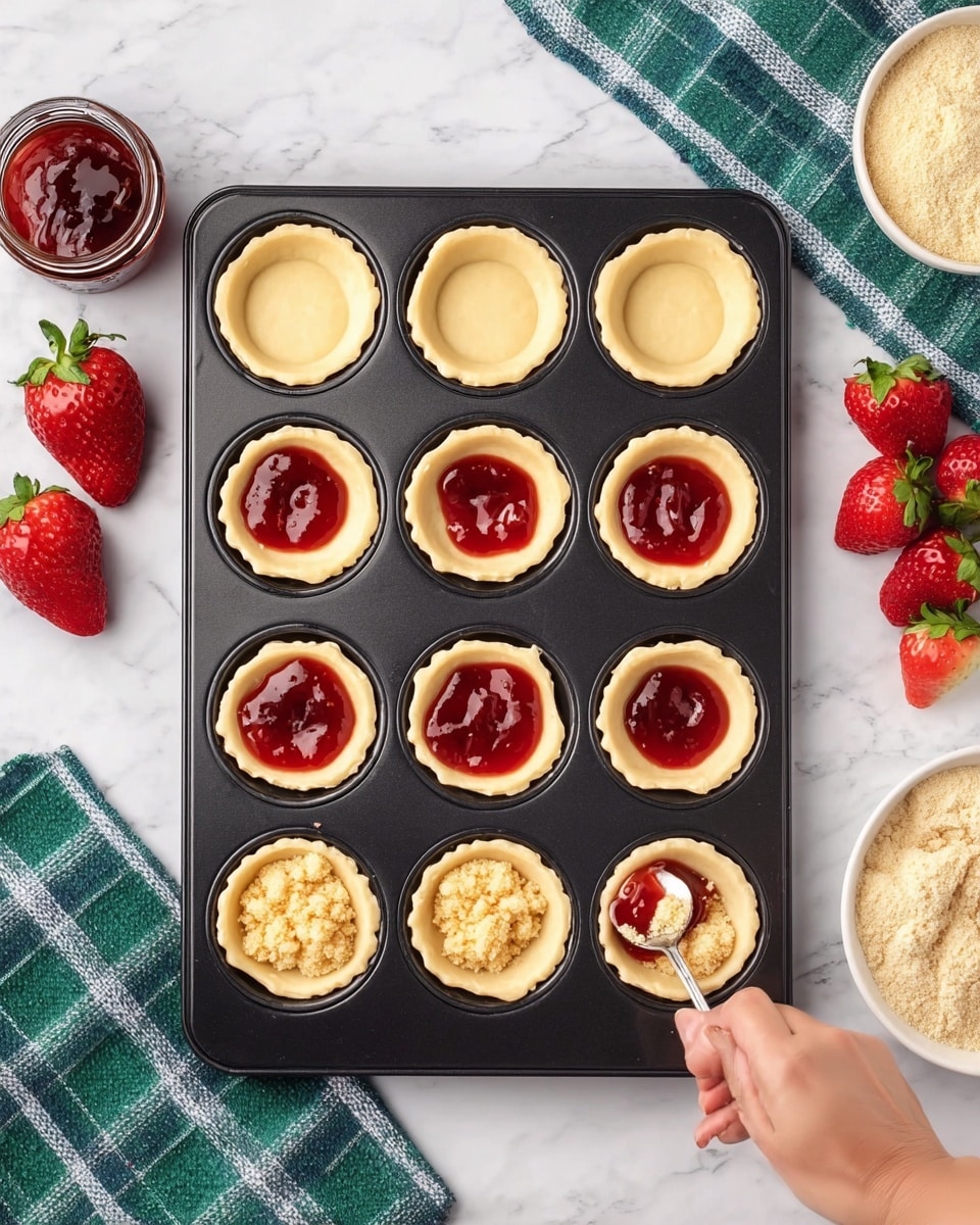The image shows three steps of making small tartlets in a black baking tray placed on a white marbled surface. Each tray has twelve tart shells, light beige in color with smooth edges. In the first step, all tart shells are empty, showing a smooth and even texture. The second step shows each tart shell filled with a dollop of bright red strawberry jam in the center, shiny and thick, with a woman's hand holding a spoon spreading jam in one shell. The third step depicts the tart shells filled with a crumbly, pale yellow filling placed over the jam. The crumbly filling has a fluffy texture. Around the tray, there is a green and blue checkered cloth, a jar of strawberry jam, some fresh whole and sliced strawberries, and a white bowl with crumbly topping. photo taken with an iphone --ar 4:5 --v 7