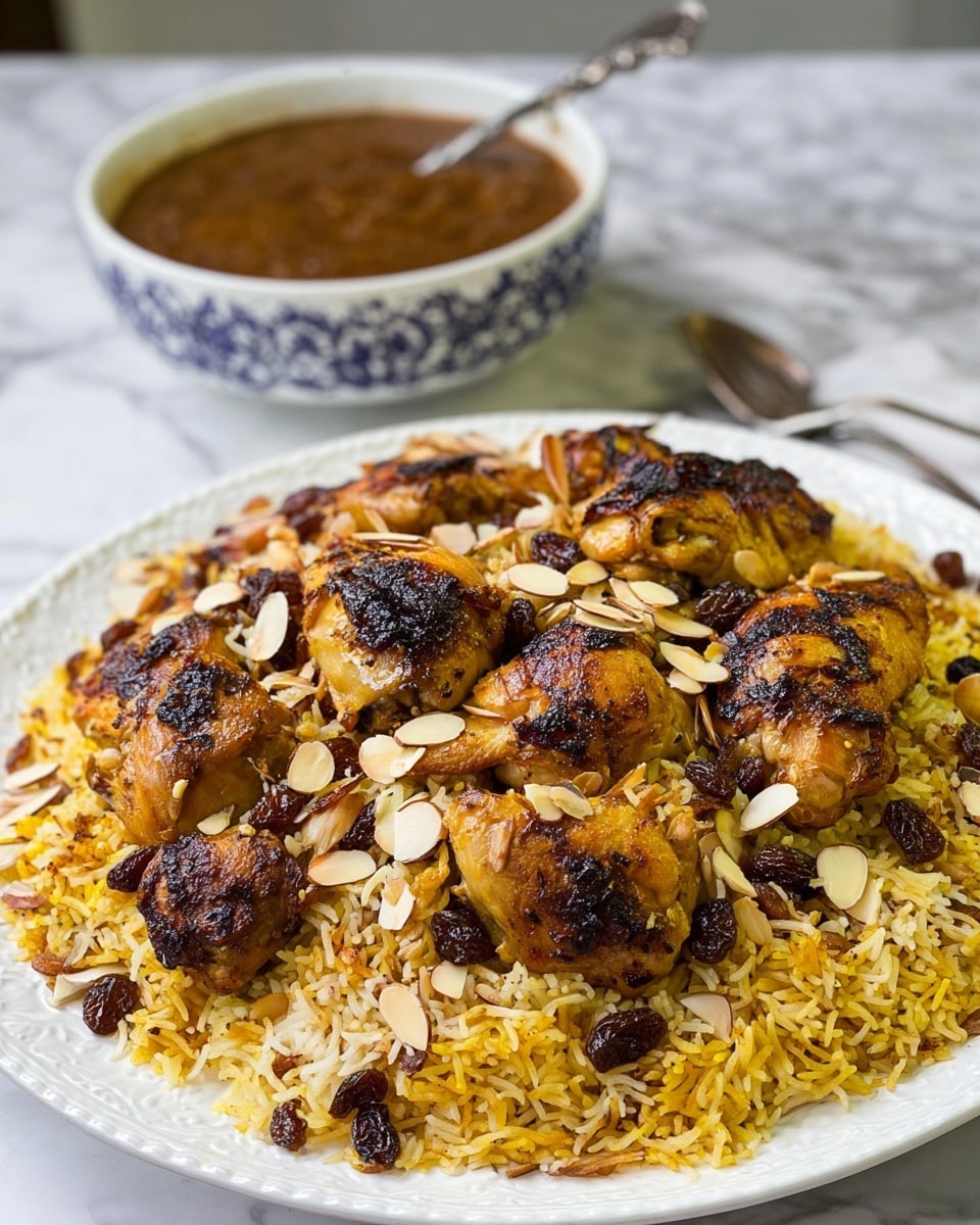 A large white plate holds a dish with one layer of yellow, cooked rice mixed with dark brown raisins and light brown sliced almonds scattered on top. On top of the rice are several pieces of golden brown, well-cooked chicken with some charred spots, giving a crispy look. In the background, there is a white bowl with a blue pattern filled with a thick brown sauce, and a spoon is resting inside it. The scene is set on a white marbled surface. Photo taken with an iphone --ar 4:5 --v 7