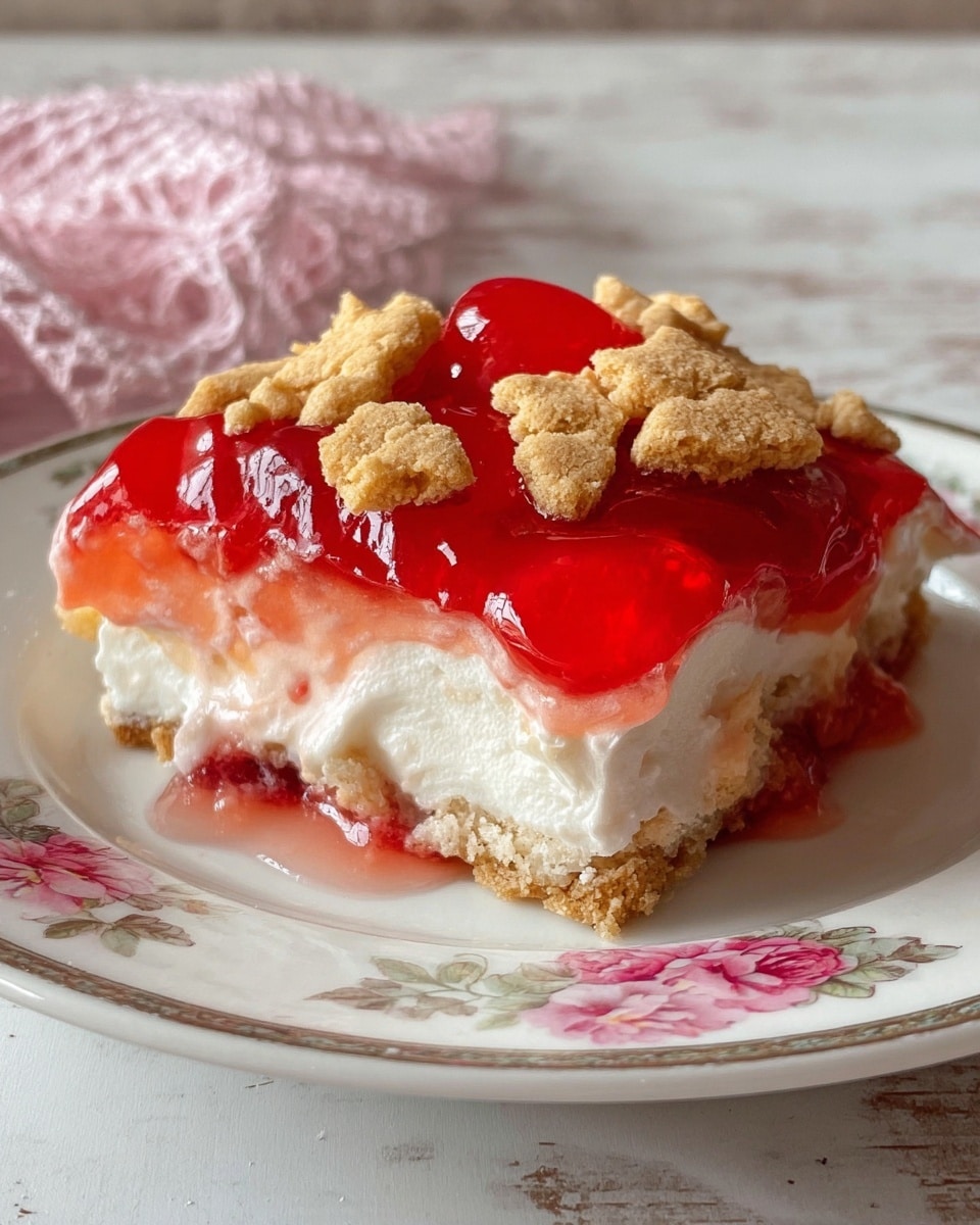 The dish shows a layered dessert on a white plate with floral patterns, placed on a white marbled surface with a pink and white lace cloth partially visible in the background. The bottom layer is pale and crumbly, resembling a cookie or biscuit crust. Above that is a thick white creamy layer, topped with a bright red and shiny jelly layer containing visible whole cherries. Another white creamy layer sits on top, with broken light golden cookies scattered over it, giving a rough texture and contrast in color. The dessert is moist and glossy from the jelly, with a mix of smooth cream and crunchy cookie pieces. photo taken with an iphone --ar 4:5 --v 7