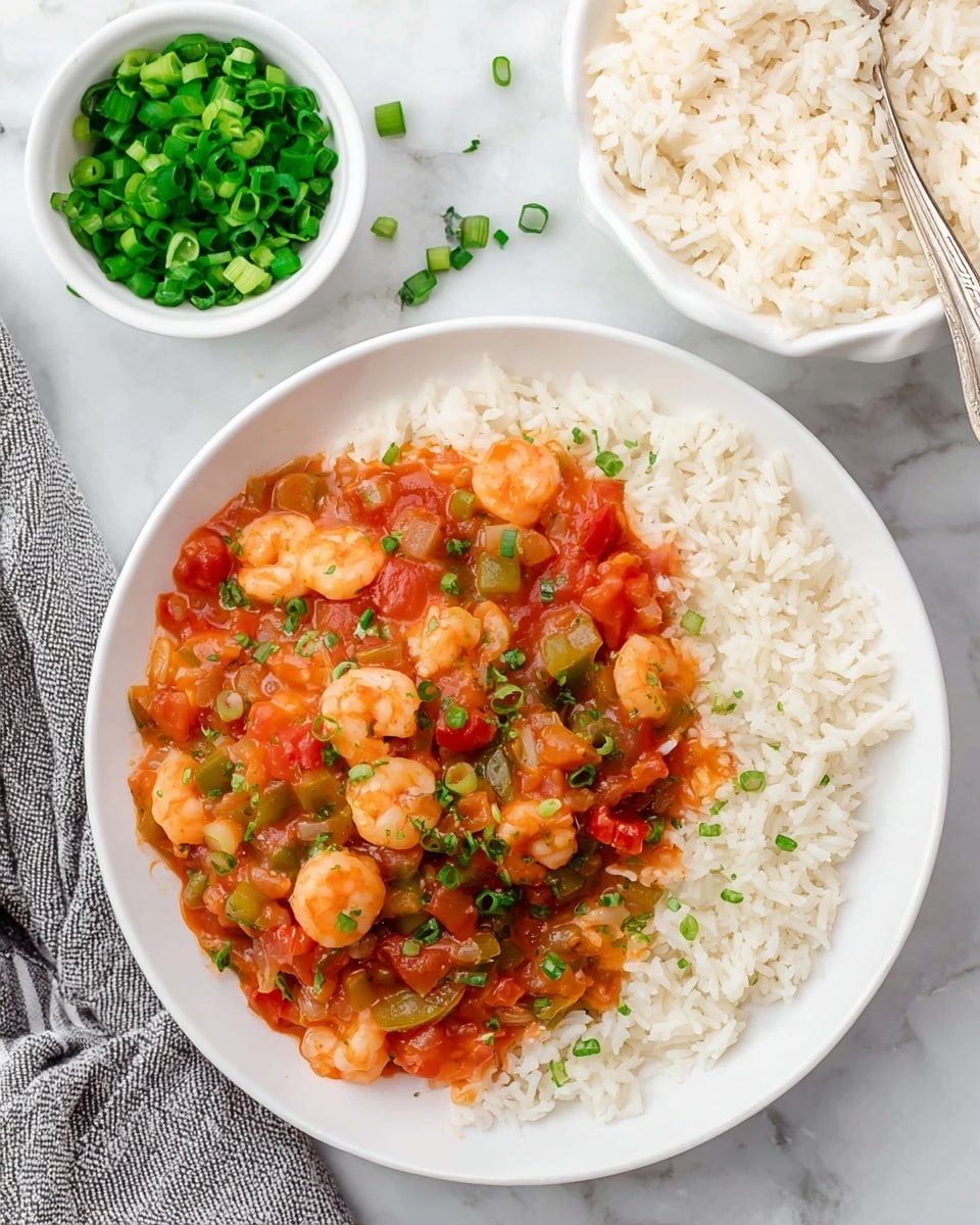 A white round bowl sits on a white marbled surface, filled with a bed of cooked white rice around the edges. On top of the rice, there is a mix of small shrimp, translucent onions, diced tomatoes, and green peppers in a bright red sauce, sprinkled with chopped green onions. Above the bowl, there's a small white bowl filled with chopped green onions, some scattered nearby. To the upper right, another white bowl contains plain cooked white rice with a silver spoon inside. A gray and white striped cloth is partially visible on the left side. photo taken with an iphone --ar 4:5 --v 7