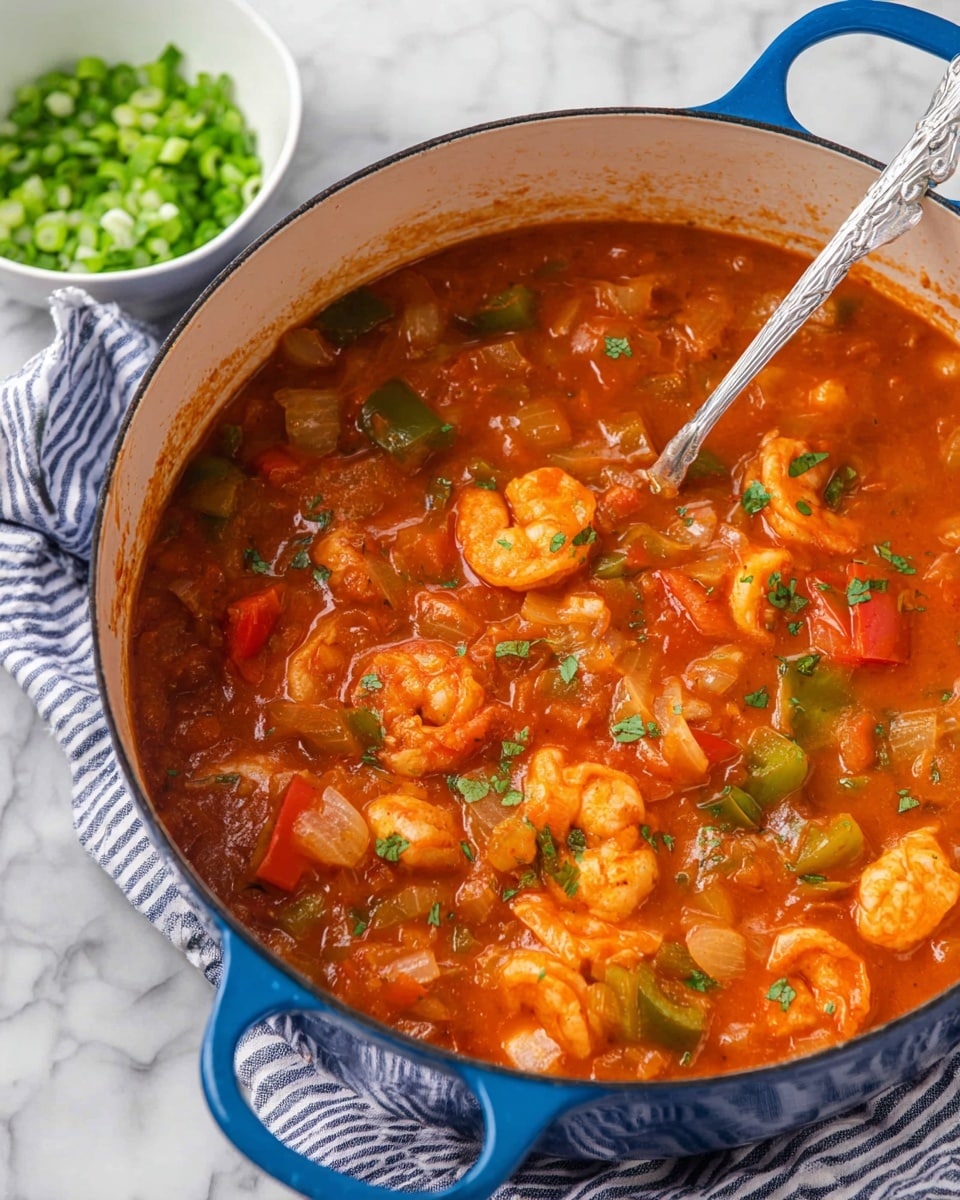 A large blue pot filled with a thick, chunky tomato-based stew, showing pieces of shrimp, diced onions, and green and red bell peppers mixed throughout in a rich orange-red sauce with a spoon resting inside. In the background, there is a small white bowl with chopped green onions on a white marbled surface. The pot is on the edge of a striped cloth. Photo taken with an iphone --ar 4:5 --v 7