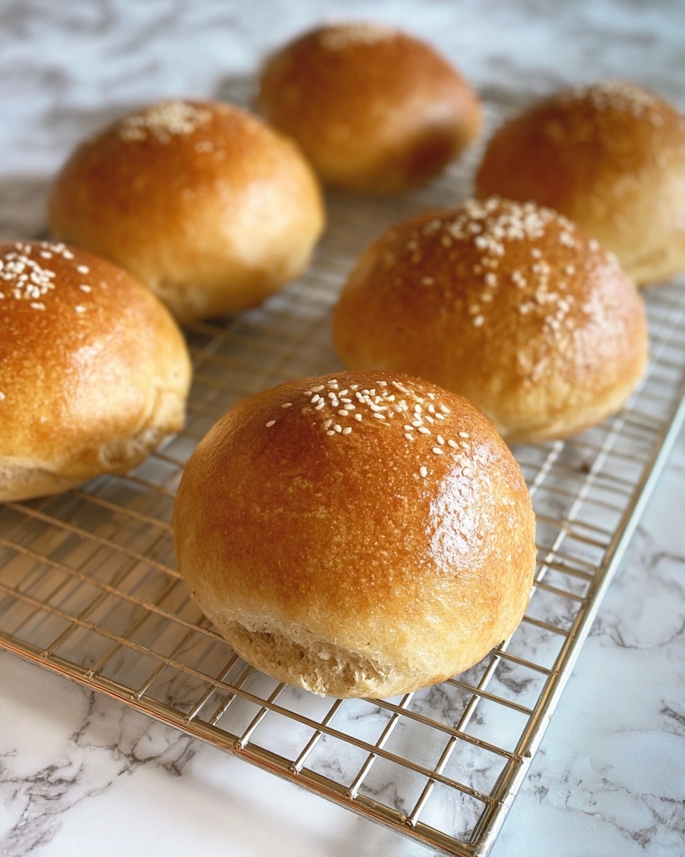 The image shows six golden brown bread rolls on a metal cooling rack. Each roll has a shiny, smooth surface with a few sprinkled white sesame seeds on top. The rolls have a soft, round shape with light cracks on the sides. The background is a white marbled texture, and the rolls appear fresh and warm with a soft crust. Photo taken with an iphone --ar 4:5 --v 7