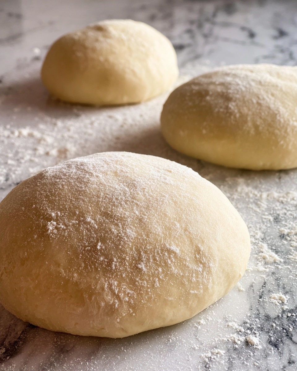 The image shows three smooth, round balls of dough resting on a white marbled surface dusted lightly with flour. Each dough ball has a soft, pale beige color with a powdery layer of flour on top, giving them a slightly matte texture. The doughs appear soft and well-risen, with gentle dimples and a light fluffiness. The closest dough ball is slightly out of focus, adding depth to the image. Photo taken with an iphone --ar 4:5 --v 7