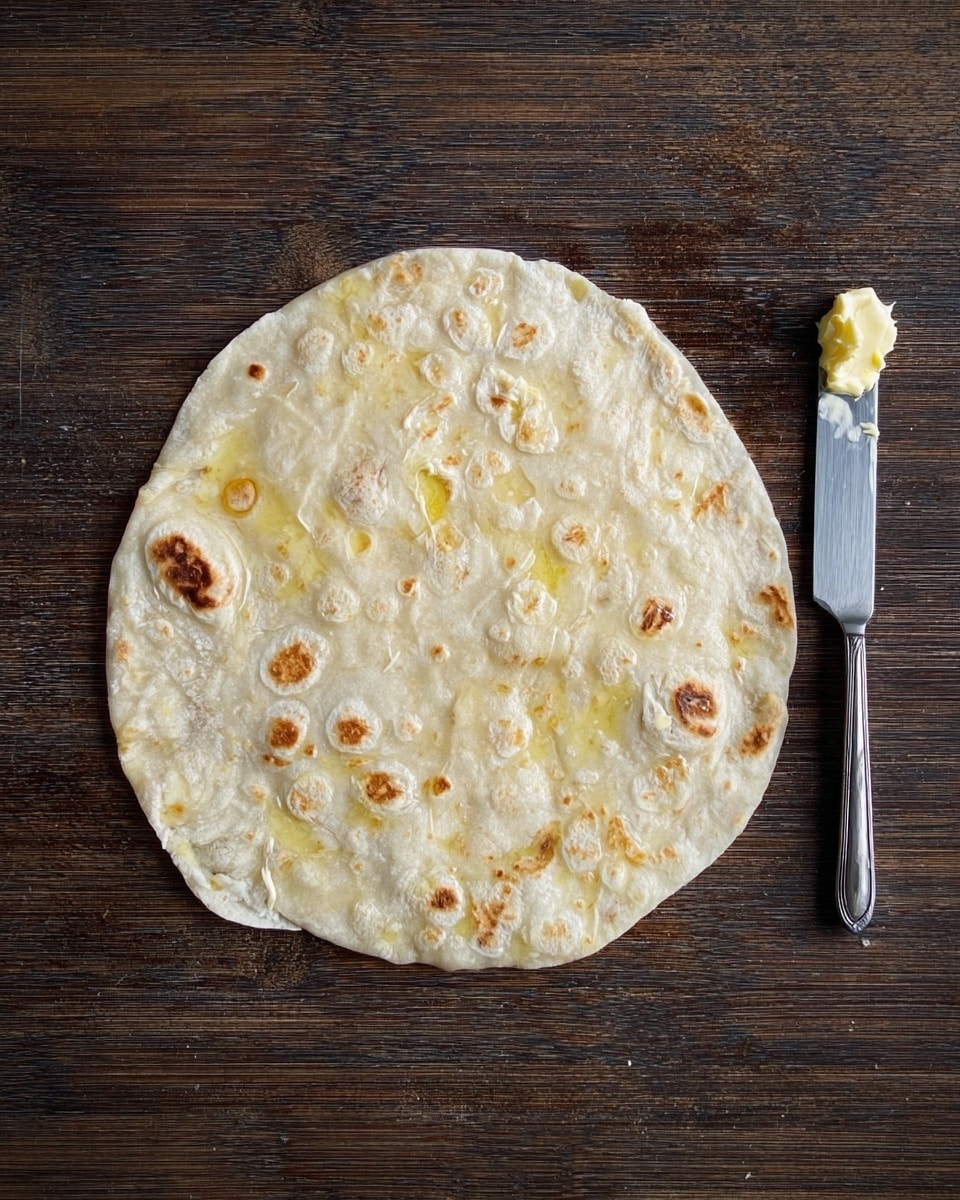 A single round flatbread lies flat on a dark wooden surface, lightly brushed with spots of pale yellow butter across its surface, showing uneven melting areas and some small browned patches. To the right of the flatbread, a silver butter knife holds a small dollop of butter on its blade. The flatbread has a soft, slightly translucent texture with some air bubbles. The overall scene is simple and clean. Photo taken with an iphone --ar 4:5 --v 7