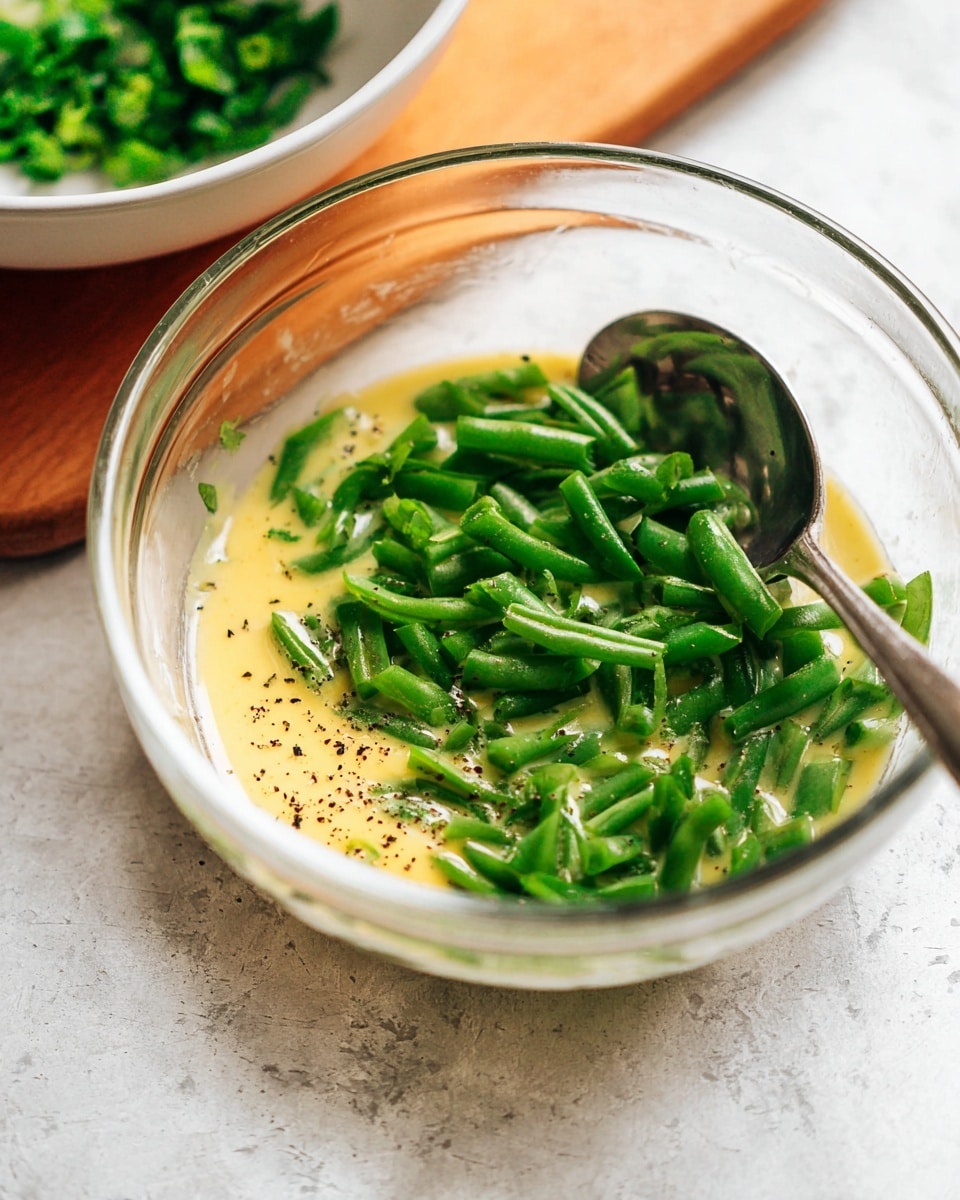 A clear glass bowl sits on a white marbled surface with a large spoon resting inside its rim. Inside the bowl, there are two layers visible: the bottom layer is a light yellow creamy sauce with black pepper specks, and the top layer consists of fresh, sliced green beans scattered on the sauce. On the left edge of the image, a blurred white bowl with chopped green leafy vegetables is partially visible, suggesting ingredients about to be added. Photo taken with an iphone --ar 4:5 --v 7