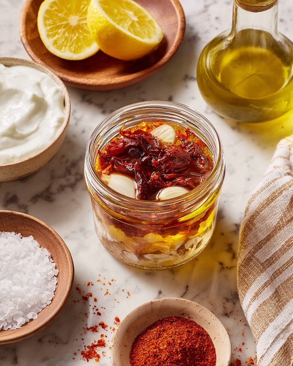 A clear glass jar is filled with layers of soaking soaked dried red chili peppers that are dark red and wrinkled sitting on top of a few pieces of white garlic cloves; the chili peppers and garlic are covered in golden yellow olive oil with a sprinkle of black pepper and reddish paprika powder slowly blending in. Around the jar, on a white marbled surface, are scattered coarse sea salt in a small brown bowl, a clear yellow oil bottle, a wooden plate holding two yellow hollowed lemon halves, a beige bowl with white yogurt that has a creamy texture, and a small white bowl filled with bright red paprika powder. To the right edge is a beige and white striped cloth. Photo taken with an iphone --ar 4:5 --v 7
