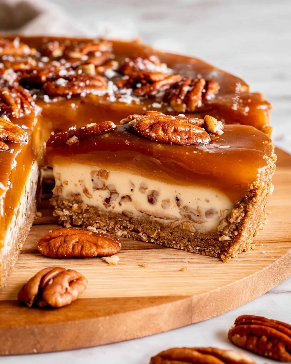 A close-up view of a pie with three clear layers: the bottom layer is a light brown crust with a crumbly texture, the middle layer is a pale creamy filling mixed with chopped pecans, and the top layer is a shiny, smooth caramel glaze with whole and crushed pecans sprinkled on top. The pie is on a light wood board with more whole pecans scattered around. The background is a white marbled surface. photo taken with an iphone --ar 4:5 --v 7