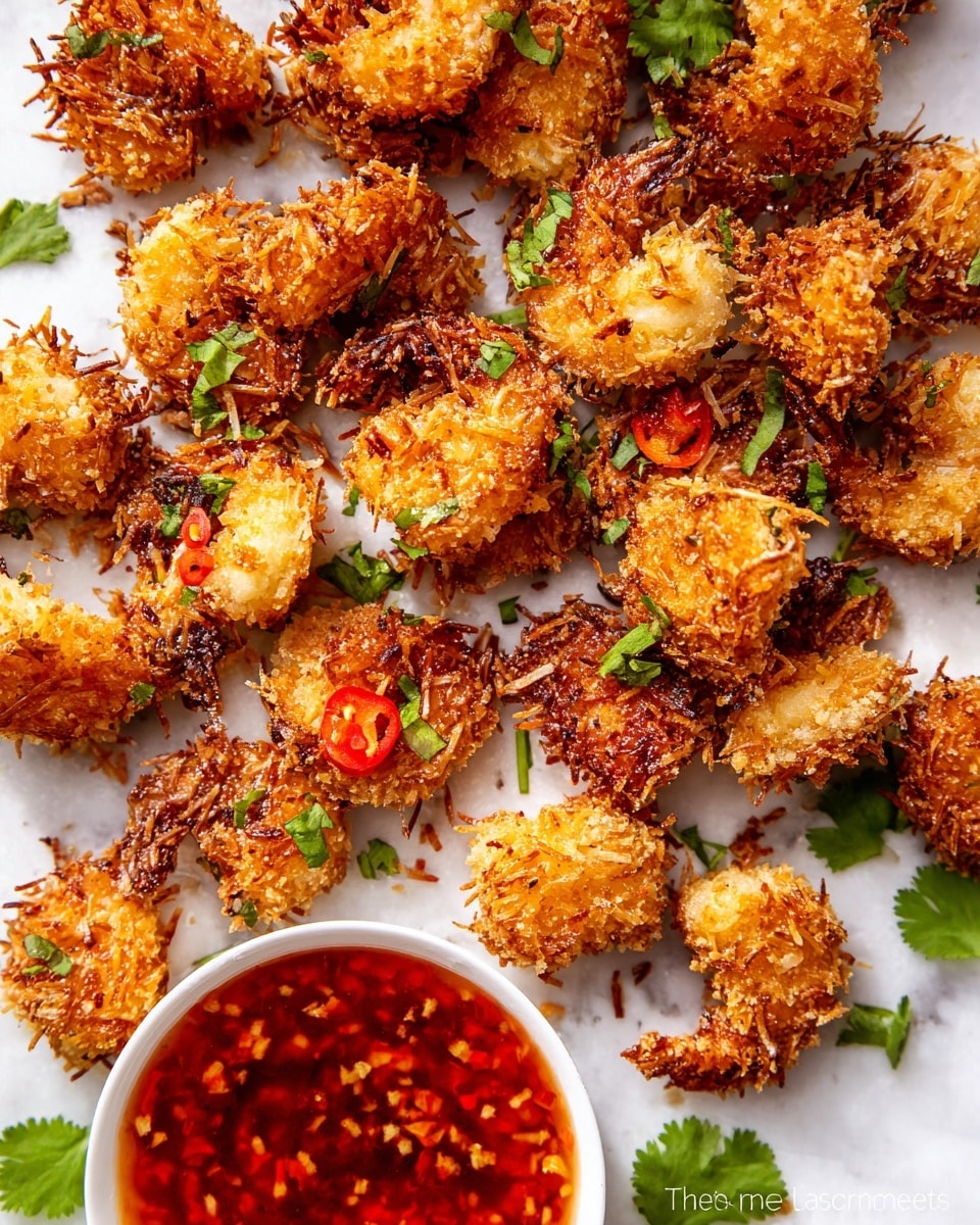 The image shows many small, golden-brown, crispy coconut shrimp with a rough texture from shredded coconut around each piece, spread across a white marbled surface. Some shrimp are topped with small slices of bright orange chili and sprinkled with green chopped herbs for color. In the lower right corner, there is a small white bowl filled with shiny, bright red dipping sauce that has visible pieces of chili and garlic. A few green cilantro leaves are placed around the shrimp, adding a fresh touch. Photo taken with an iphone --ar 4:5 --v 7