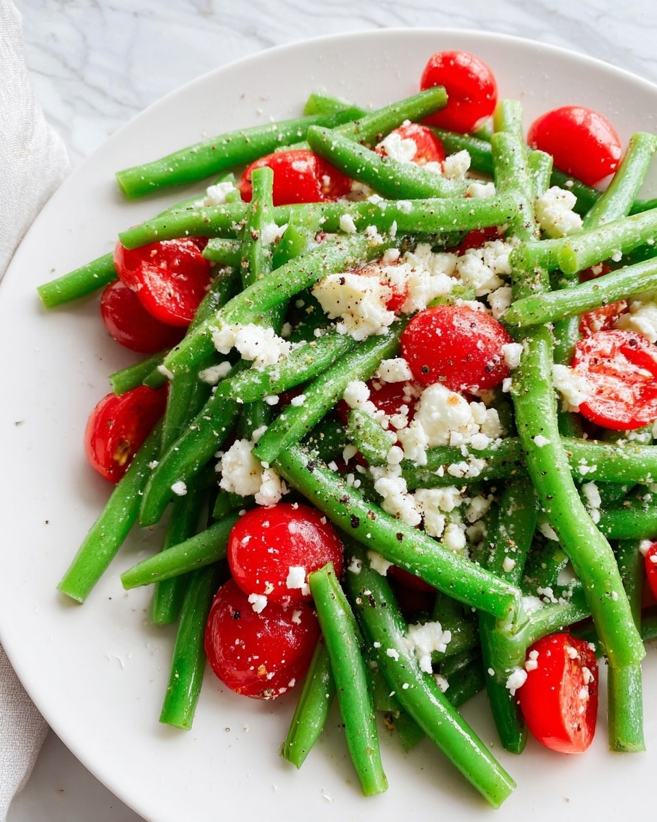 The image shows a fresh salad on a white plate placed on a white marbled surface. The salad has two main layers: a bottom layer of bright green green beans cut into short sticks, and a scattered layer of halved red cherry tomatoes mixed inside. On top, there are small uneven white cheese crumbles spread across the salad, with a light sprinkle of black pepper and salt adding tiny black and white specks on the vegetables and cheese. The overall look is fresh and colorful with the vibrant green, red, and white colors standing out. photo taken with an iphone --ar 4:5 --v 7