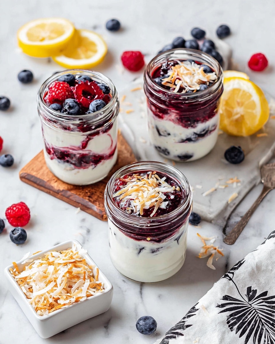 Three clear glass jars filled with layered yogurt parfait sit on a white marbled surface. Each jar has at least three layers: a bottom layer of white yogurt with visible blueberries, a middle layer of dark red berry sauce swirled into the yogurt, and a top layer of blueberries and light brown toasted shredded coconut. Around the jars are scattered fresh blueberries, raspberries, and lemon slices, with one jar placed on a light wooden board. A small white square dish filled with more toasted shredded coconut is nearby, and a white cloth with a black leaf pattern lies on the right side. Photo taken with an iphone --ar 4:5 --v 7