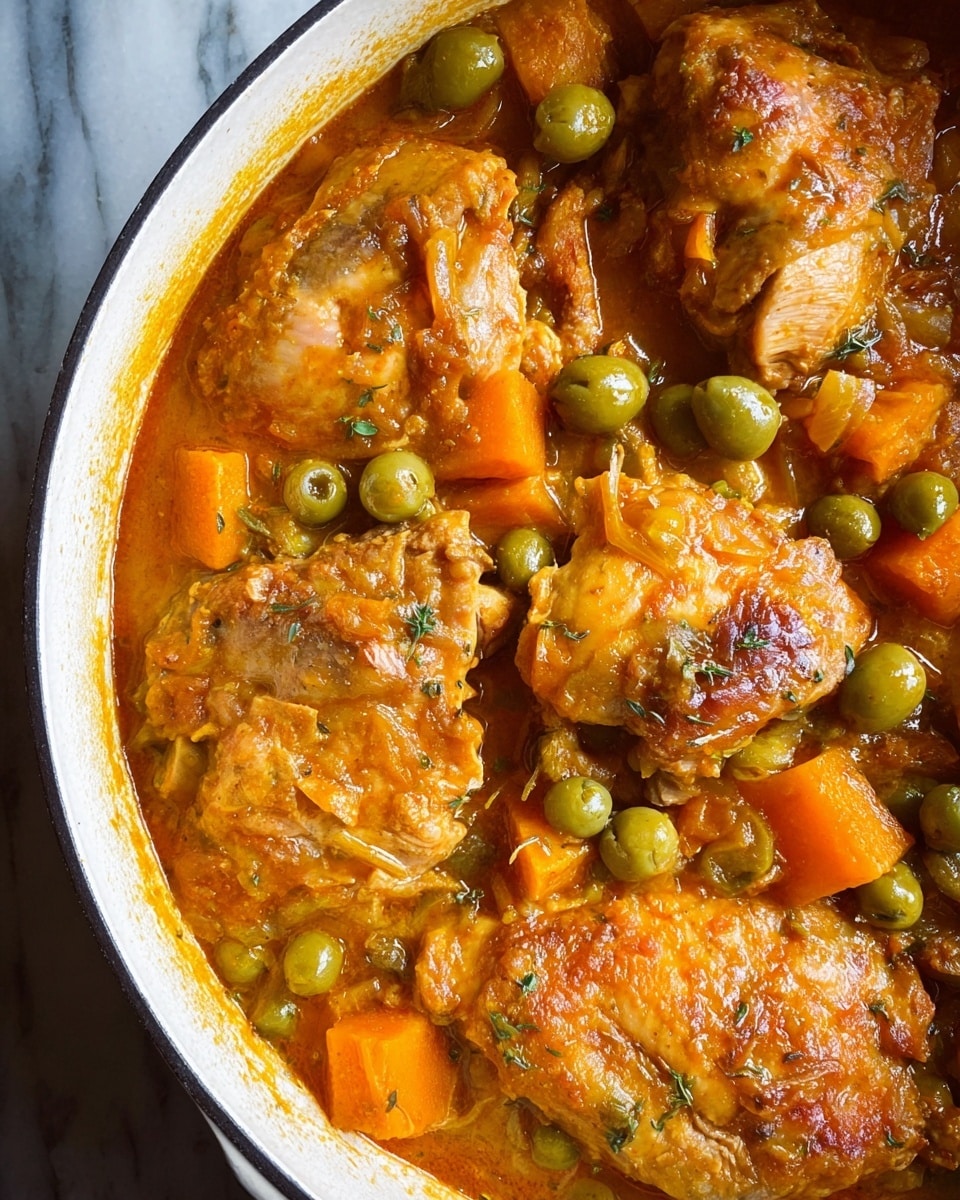 A close-up top view of a white pot filled with several large pieces of cooked chicken covered in a thick orange-brown sauce. Around the chicken pieces are chunks of bright orange squash, whole green olives, and small green peas mixed into the sauce. The sauce has a rich texture with visible bits of herbs and small vegetable pieces throughout. The background shows a white marbled surface under the pot. photo taken with an iphone --ar 4:5 --v 7