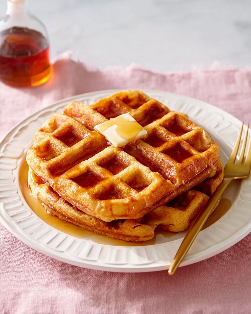 A stack of two golden brown waffles is placed in the center of a white plate with delicate embossed edges. The waffles have a crispy, textured surface with deep square pockets filled with amber-colored syrup that slightly drips over the edges. A small pat of melting butter rests on top, adding a shiny contrast. To the right side on the plate, there is a gold fork resting gently. The plate sits on a soft light pink cloth, with a glass bottle of syrup seen in the upper left corner. The whole scene is set on a white marbled surface. Photo taken with an iphone --ar 4:5 --v 7
