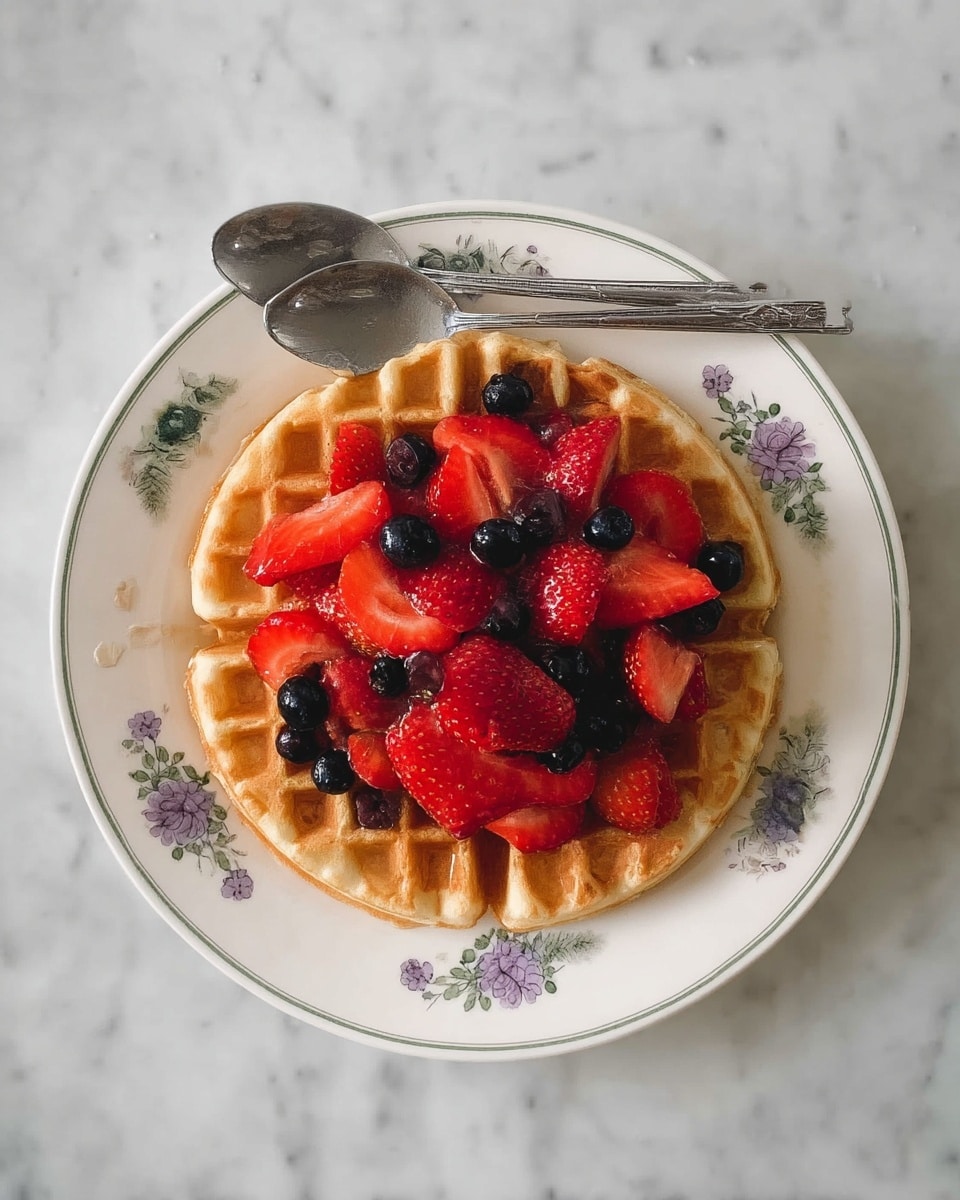 A round golden waffle sits centered on a white plate with a delicate floral green and purple pattern along the rim. On top of the waffle is a generous layer of fresh, bright red strawberry slices and small, deep blue blueberries scattered evenly over the surface. Two silver spoons rest on the edge of the plate, one at the top and one at the bottom, with their handles extending outward. The plate is placed on a white marbled surface that has subtle grey veins. photo taken with an iphone --ar 4:5 --v 7