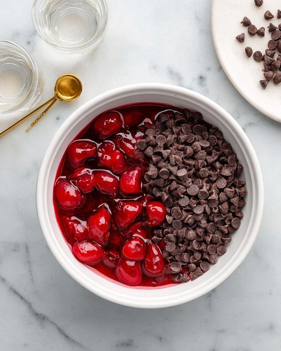 A white bowl filled with two distinct layers: on the left side, there is a vibrant red cherry sauce containing whole cherries, and on the right side, a thick layer of small, dark brown chocolate chips piled up. The bowl is placed on a white marbled surface, with a small golden measuring spoon and a small glass bottle nearby, and a white plate with a few chocolate chips in the upper right corner of the image. Photo taken with an iphone --ar 4:5 --v 7