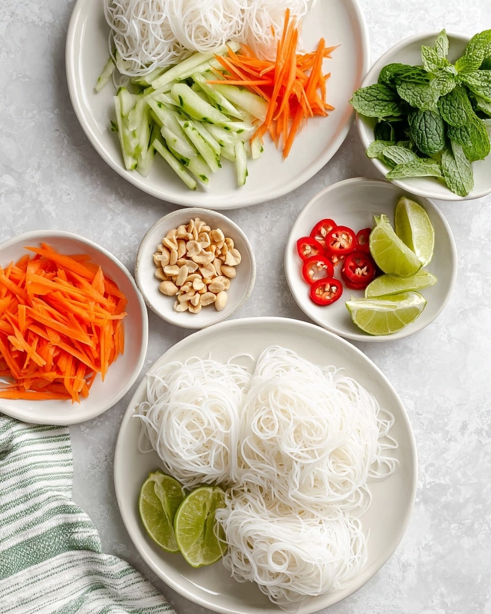 Two white plates each hold a pile of thin white rice noodles, arranged loosely in soft waves. Around the plates are small white bowls containing bright orange thin carrot sticks, fresh green cucumber sticks, halved lime wedges with shiny green skins and juicy pale green insides, sliced red chili rings, chopped light brown peanuts, and fresh green mint leaves. The bowls and plates sit on a white marbled textured surface with a white and green striped cloth nearby. photo taken with an iphone --ar 4:5 --v 7