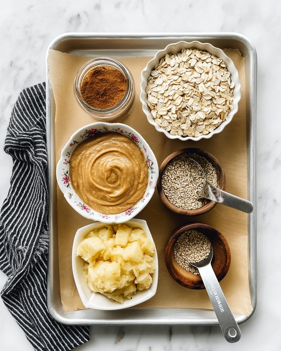 A silver baking tray lined with light brown parchment paper is placed on a white marbled surface. On the tray, there is a small clear glass jar filled with light brown cinnamon powder at the top left, next to it on the right is a metal measuring cup full of light beige rolled oats. Below the oats, a white bowl with floral designs contains mashed bananas with a soft, lumpy yellow texture. To the bottom left of that bowl, another white bowl with floral designs holds a smooth, creamy, light brown almond butter with a swirl on top. In the middle of the tray, a small white floral bowl is filled with a mix of ground seeds with a coarse texture. A small dark wooden bowl is partially seen on the left edge of the tray. A black and white striped cloth rests on the bottom left corner of the tray. photo taken with an iphone --ar 4:5 --v 7