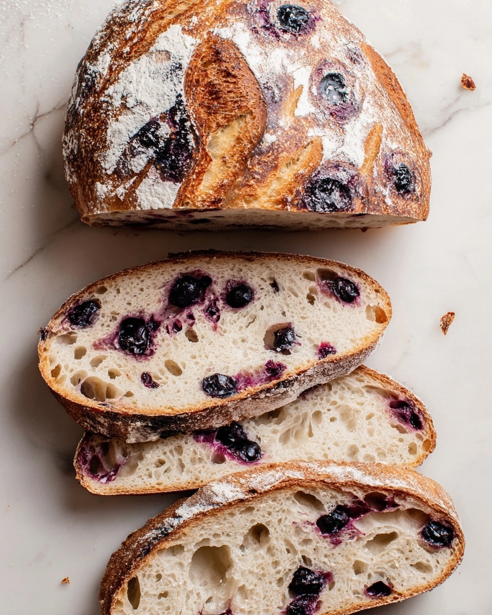 A round loaf of bread with a golden brown crust dusted with white flour sits at the top, showing swirls of dark purple berries baked into its surface. Below it are four thick slices of the same bread, laid out on a white marbled surface, each slice showing a soft, light beige inside with scattered dark purple berry spots. The texture inside looks airy with small holes, and the crust edges are darker brown and slightly crisp. Photo taken with an iphone --ar 4:5 --v 7