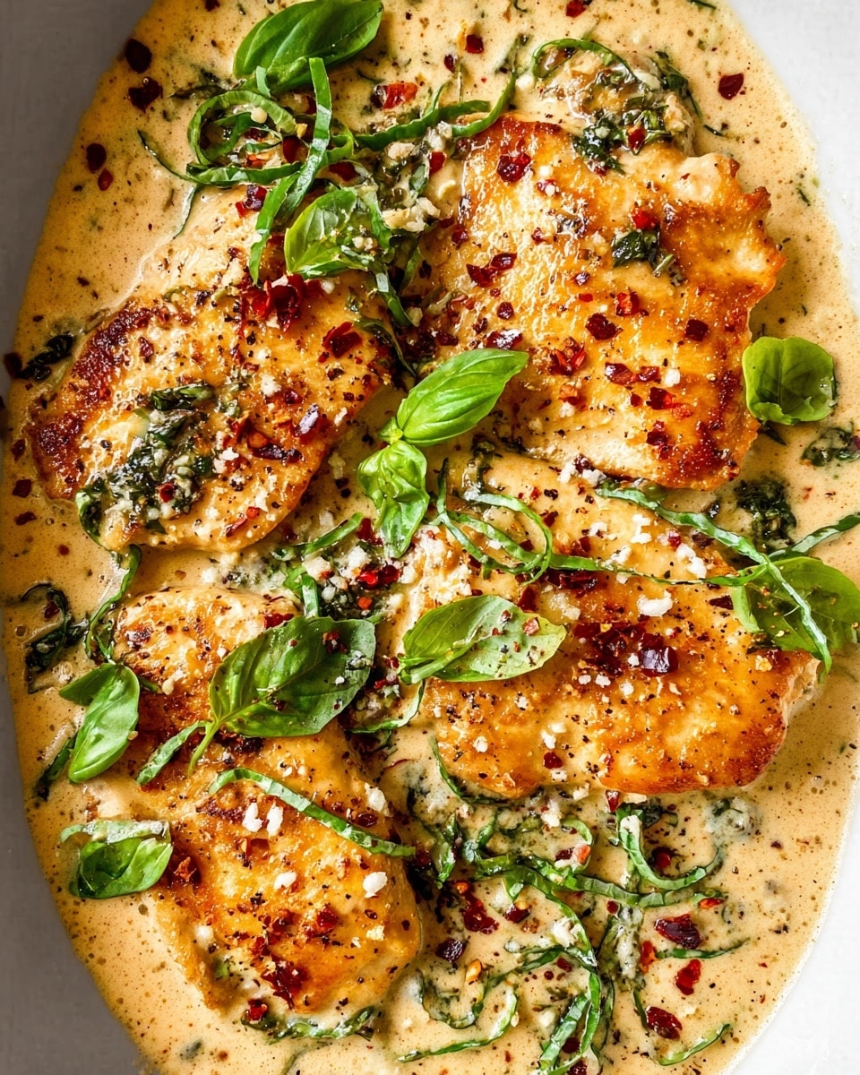 The image shows four browned chicken pieces in a creamy light beige sauce, spread evenly across the plate. The chicken has a slightly crispy texture with golden-brown spots. Over the sauce and chicken, there are dark red chili flakes and small white crumbles sprinkled. Fresh green basil leaves and shredded greens are scattered on top, adding bright green color contrasts. The whole dish sits on a white plate with a white marbled textured background. photo taken with an iphone --ar 4:5 --v 7