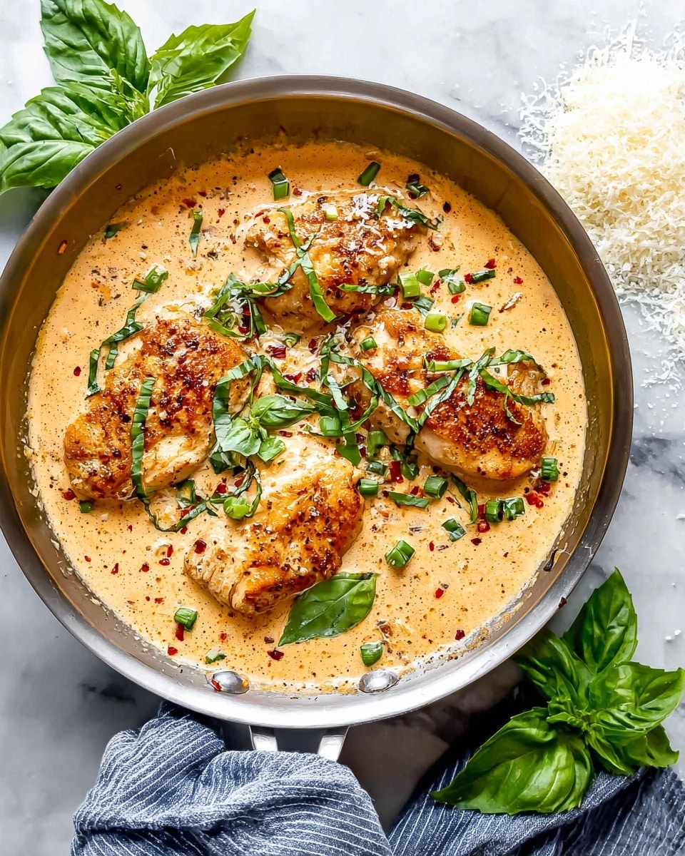 A stainless steel pan holds four browned cooked chicken pieces sitting in a creamy light orange sauce with small red pepper flakes mixed in. Fresh bright green basil leaves are sprinkled on top, with some chopped into thin strips and others whole, adding color contrast to the dish. The pan rests on a white marbled surface with some grated cheese scattered around, and a blue striped cloth below its handle. A few larger basil leaves are placed nearby on the white marbled background. Photo taken with an iphone --ar 4:5 --v 7