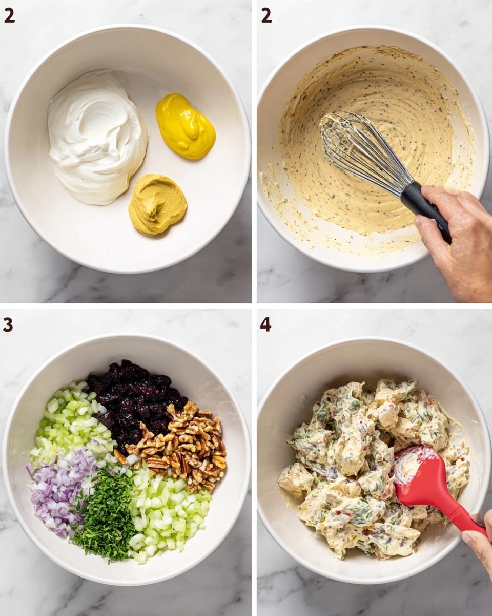 The image shows four steps of making a creamy salad in a large white bowl on a white marbled surface. In the first picture, three layers of ingredients sit separately: a thick white creamy base, a yellow mustard-like dollop, and a smaller pale yellow scoop, all unmixed. The second picture shows a woman's hand with a black handle whisk stirring a pale beige mixture with black specks smooth across the bowl. The third picture has multiple layered ingredients in the bowl, including a heap of chopped purple onions, chopped green celery, a pile of brown chopped nuts, dark dried berries, and a small bunch of fresh green herbs in the center, all unmixed. In the last picture, the ingredients are fully mixed into a chunky salad with pale creamy dressing, pieces of onion, celery, nuts, and dried berries, being stirred by a red spatula inside the bowl. Photo taken with an iphone --ar 4:5 --v 7