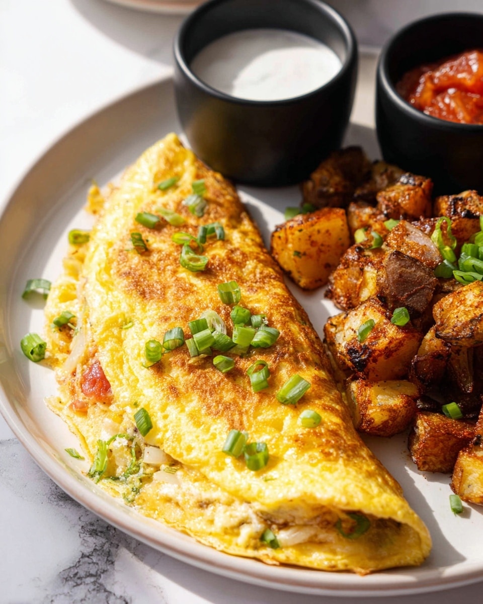 On a white plate with a white marbled surface, a folded golden-yellow omelette sprinkled with chopped green onions sits in the center, showing soft, slightly textured layers with bits of red and green inside. To the right of the omelette, there is a heap of browned, crispy potato cubes mixed with caramelized onions, also topped with green onion pieces. Behind the omelette, there are two black small bowls, one filled with a white creamy sauce and the other with a chunky red sauce. The overall scene is bright and warm, with a cozy, homemade feel. photo taken with an iphone --ar 4:5 --v 7