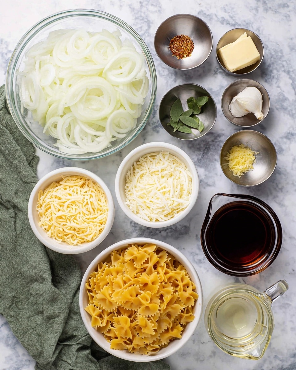 The image shows an arrangement of cooking ingredients on a white marbled surface. At the top left is a large glass bowl filled with thin slices of pale white onions. Next to it are small metal bowls containing clear liquid, salt, pepper, bay leaves, fresh green herbs, and small yellow chopped garlic. A bowl with a couple of slices of butter is nearby. White bowls in the center hold shredded cheese and thin spaghetti-like light yellow noodles. At the bottom left is a white bowl filled with uncooked farfalle pasta, showing its bright golden-yellow color and bow-tie shape. On the bottom right, two glass measuring cups contain a dark brown liquid and clear water, respectively. A soft green cloth is placed on the marbled surface near the pasta bowl. photo taken with an iphone --ar 4:5 --v 7