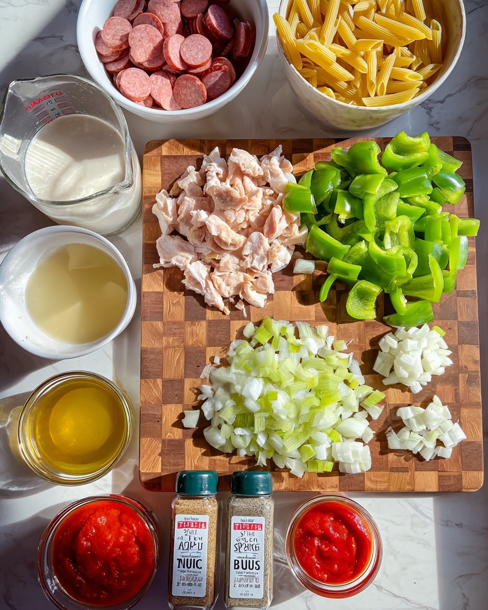 The image shows a white marbled surface with a checkered wooden cutting board in the center. On the board, there are four main chopped layers: bright green bell peppers on the top right, pale green celery below them, white chopped onions at the bottom, and small pieces of white chopped garlic in a small clear glass bowl near the top center. To the left of the cutting board, there are two clear measuring cups, one filled with a creamy white liquid and the other with a red tomato base. Near the bottom left, a third measuring cup contains a light yellow broth. At the top left, two white bowls hold sliced red sausage and raw pale pink chicken pieces. To the top right, a white bowl contains yellow uncooked penne pasta. Two small clear bowls hold red tomato paste and golden olive oil. Nearby, two spice containers, one labeled
