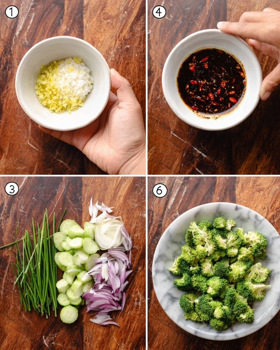 In the first image, a woman's hand holds a white small bowl with a mound of crushed yellow garlic surrounding a textured white mound in the center; second image shows a woman's hand holding a white bowl filled with dark brown sauce with small red chili pieces; third image presents sliced vegetables including light purple shallots, green scallions, and cucumber pieces spread out on a white marbled surface; fourth image shows chopped fresh broccoli pieces arranged on the same white marbled background. photo taken with an iphone --ar 4:5 --v 7