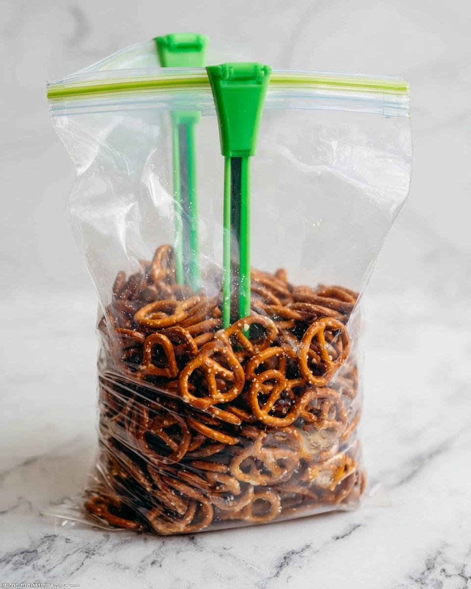 A clear plastic ziplock bag is filled about halfway with small, brown pretzels that have a slight shine from salt crystals. The bag is held upright by a green plastic bag stand with two vertical arms clamping the sides near the zipper, keeping the bag open. The pretzels are in one visible layer at the bottom, showing their twisted shape and smooth texture. The background and surface beneath the bag have a white marbled texture. photo taken with an iphone --ar 4:5 --v 7