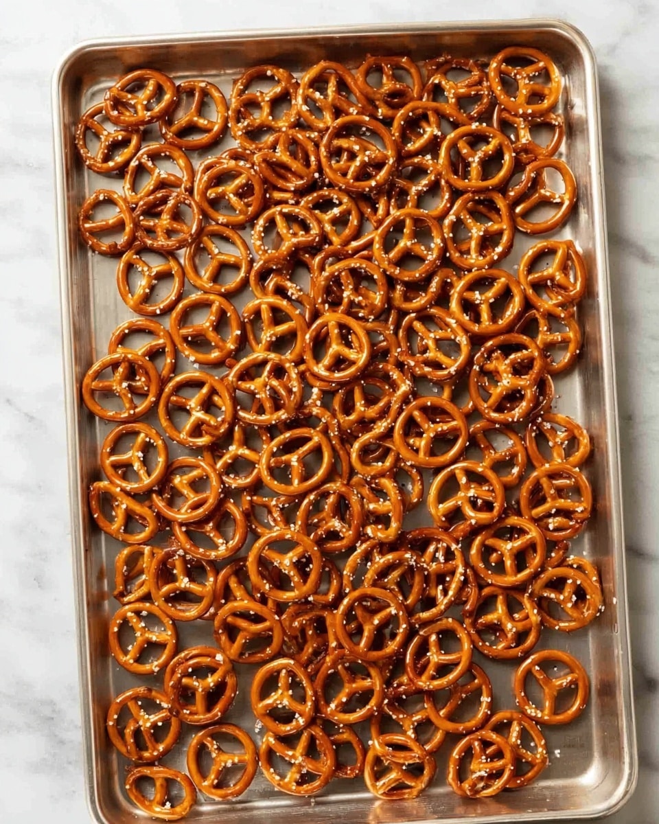 A metal baking tray filled with one layer of small pretzels spread out evenly, each pretzel having a shiny, dark orange-brown color with a smooth texture and sprinkled with coarse salt. The tray sits on a white marbled surface, and there is no other food or objects around. The pretzels show slight variations in shape but all have the classic twisted form. photo taken with an iphone --ar 4:5 --v 7