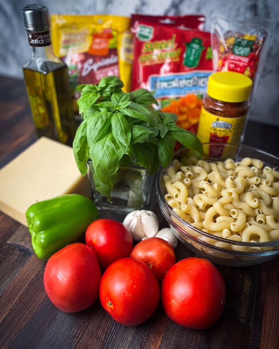The image shows a collection of fresh cooking ingredients arranged on a dark wooden surface with a white marbled background. In the center, there is a small clear glass cup filled with large bright green basil leaves and small green herbs. Next to it on the right, a clear bowl holds a large amount of uncooked elbow macaroni pasta in a light beige color. In front of the bowl are four round red tomatoes and three cloves of white garlic with papery skin. To the left of the basil cup is a pale green pepper placed in front of a beige square block of hard cheese. Behind the cheese are packets and bottles including a bottle of golden olive oil with a silver cap, a colorful packet of bright red and orange peppers labeled seedless sweet, a yellow capped small bottle of red chili flakes, and a rectangular box of concentrated tomato paste with bright red and yellow labels. Photo taken with an iphone --ar 4:5 --v 7