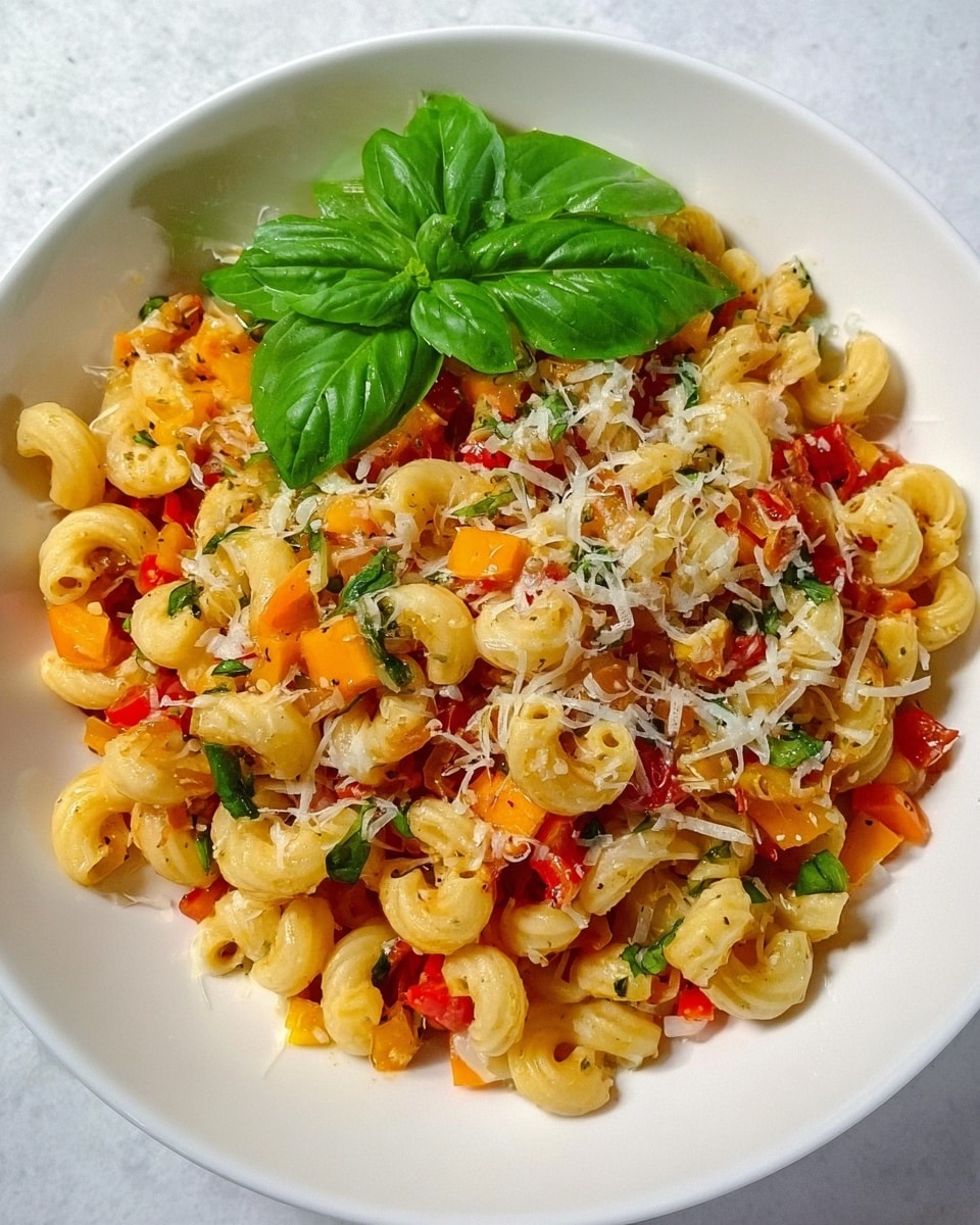 This image shows a white plate filled with curly pasta mixed with small pieces of orange, red, and yellow bell peppers. There are also bits of green herbs and finely shredded white cheese on top. On one side of the pasta, there is a fresh, bright green basil leaf cluster sitting on top, giving a pop of color. The pasta looks soft and slightly shiny, and the vegetables add small bursts of color all over the dish. The plate is placed on a white marbled surface. photo taken with an iphone --ar 4:5 --v 7