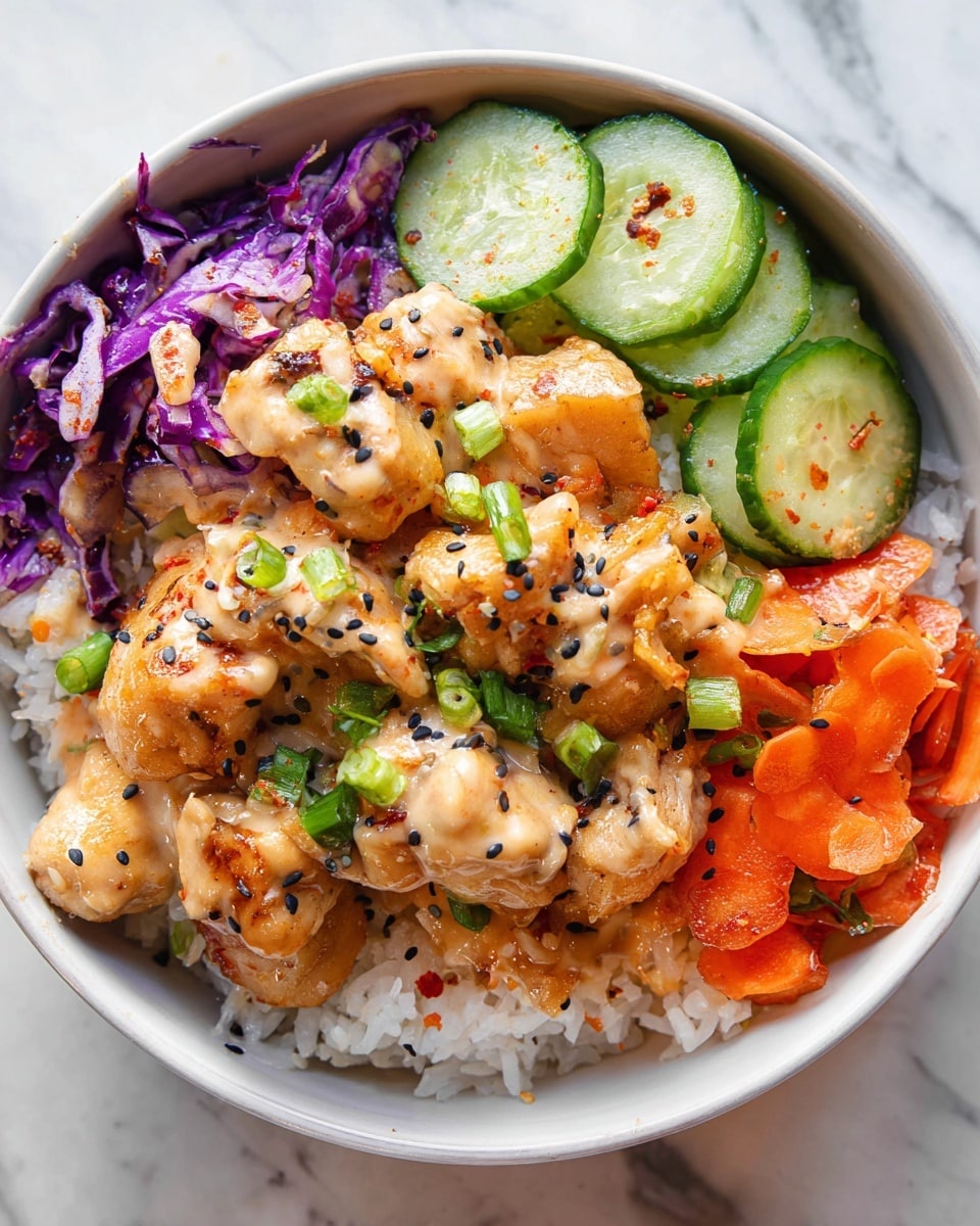 The dish is served in a white bowl placed on a white marbled surface. At the bottom, there is a layer of white rice. On top of the rice, a large layer of golden-brown chicken pieces with a creamy light orange sauce is spread, garnished with black sesame seeds and small green onion slices. To the right, there is a colorful mix of sliced round orange carrots and shredded purple cabbage, coated lightly in creamy sauce. Above the carrots and cabbage, a neat layer of thinly sliced green cucumbers with some creamy sauce on top is arranged. The overall look is fresh, colorful, and well organized. photo taken with an iphone --ar 4:5 --v 7