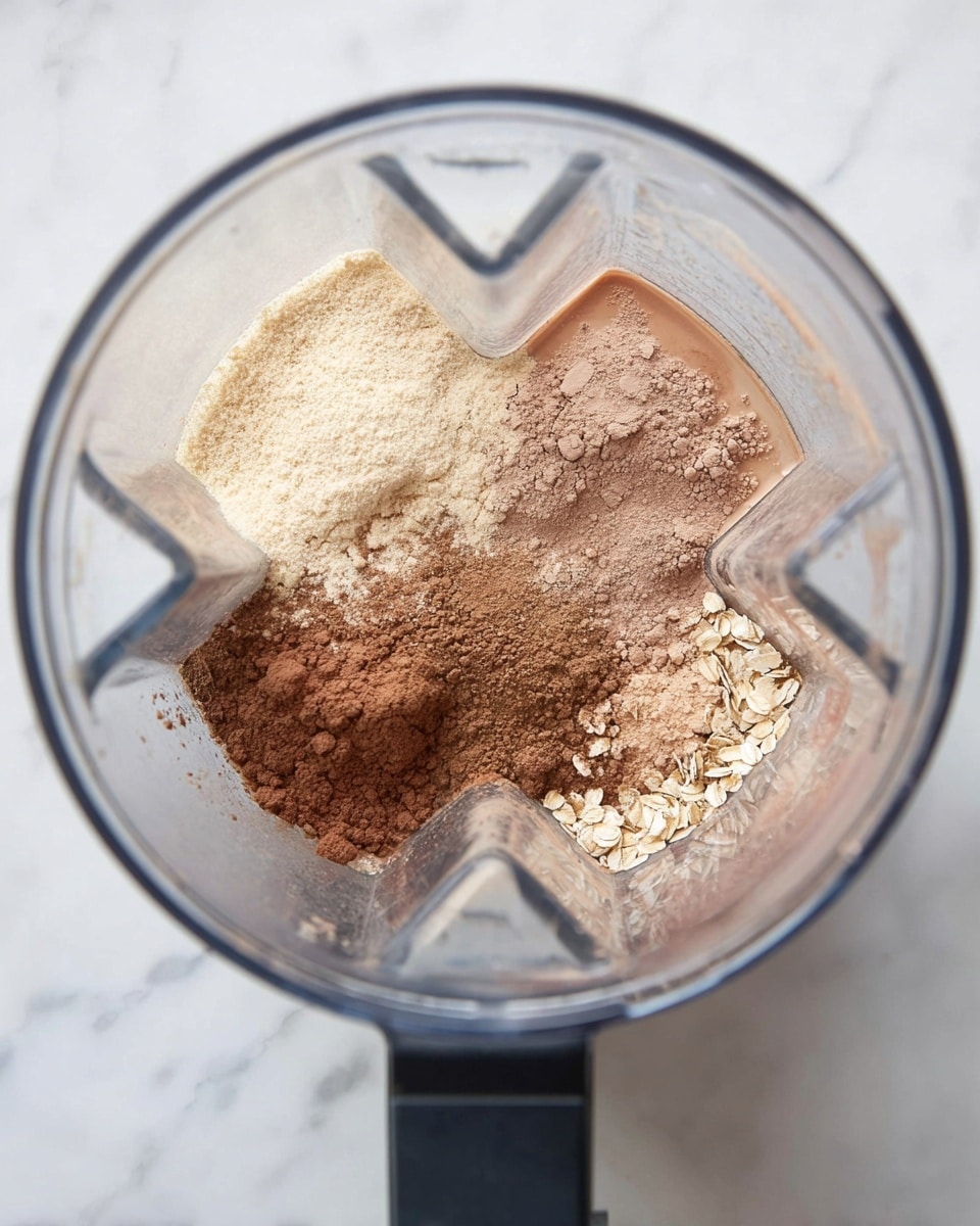 A clear blender jar is shown from above on a white marbled surface, containing three separate piles of powder and liquid. The top left pile is light beige powder, the top right pile is medium brown powder over a foamy light brown liquid, and the bottom pile is darker brown powder mixed with light brown oats and liquid. The inside of the blender jar is clean and transparent, with four black rubber edges visible inside the corners. photo taken with an iphone --ar 4:5 --v 7
