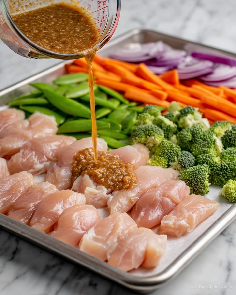 A metal tray lined with white paper holds four rows of raw light pink chicken strips at the front. Behind the chicken, there is a layer of small bright green broccoli florets, followed by a layer of sliced light purple onion pieces. Next, there is a row of evenly sliced bright orange carrot rounds, and at the back, a row of green snap peas. A clear glass measuring cup is tilted over the chicken, pouring a thick brown sauce with visible small bits onto the chicken pieces. The tray rests on a white marbled surface. photo taken with an iphone --ar 4:5 --v 7