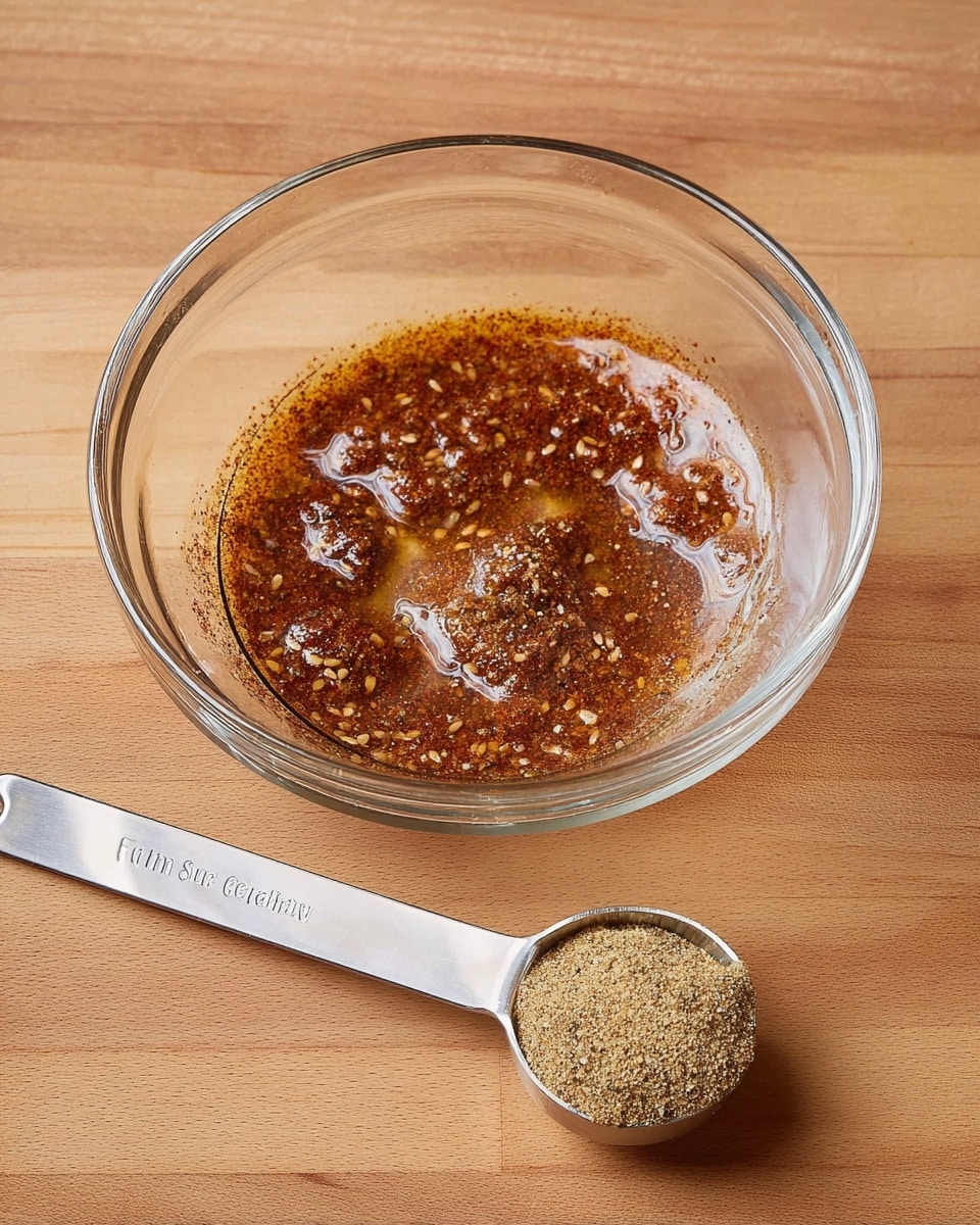 A clear glass bowl sits on a smooth light brown wood surface, filled with a single layer of reddish-brown spice mixture that looks oily and textured, with visible small seeds and herbs floating in the liquid. Next to the bowl lies a shiny metal measuring spoon holding a small mound of finely ground beige and light brown seasoning. The scene presents a simple and clean preparation of spices before mixing. Photo taken with an iphone --ar 4:5 --v 7