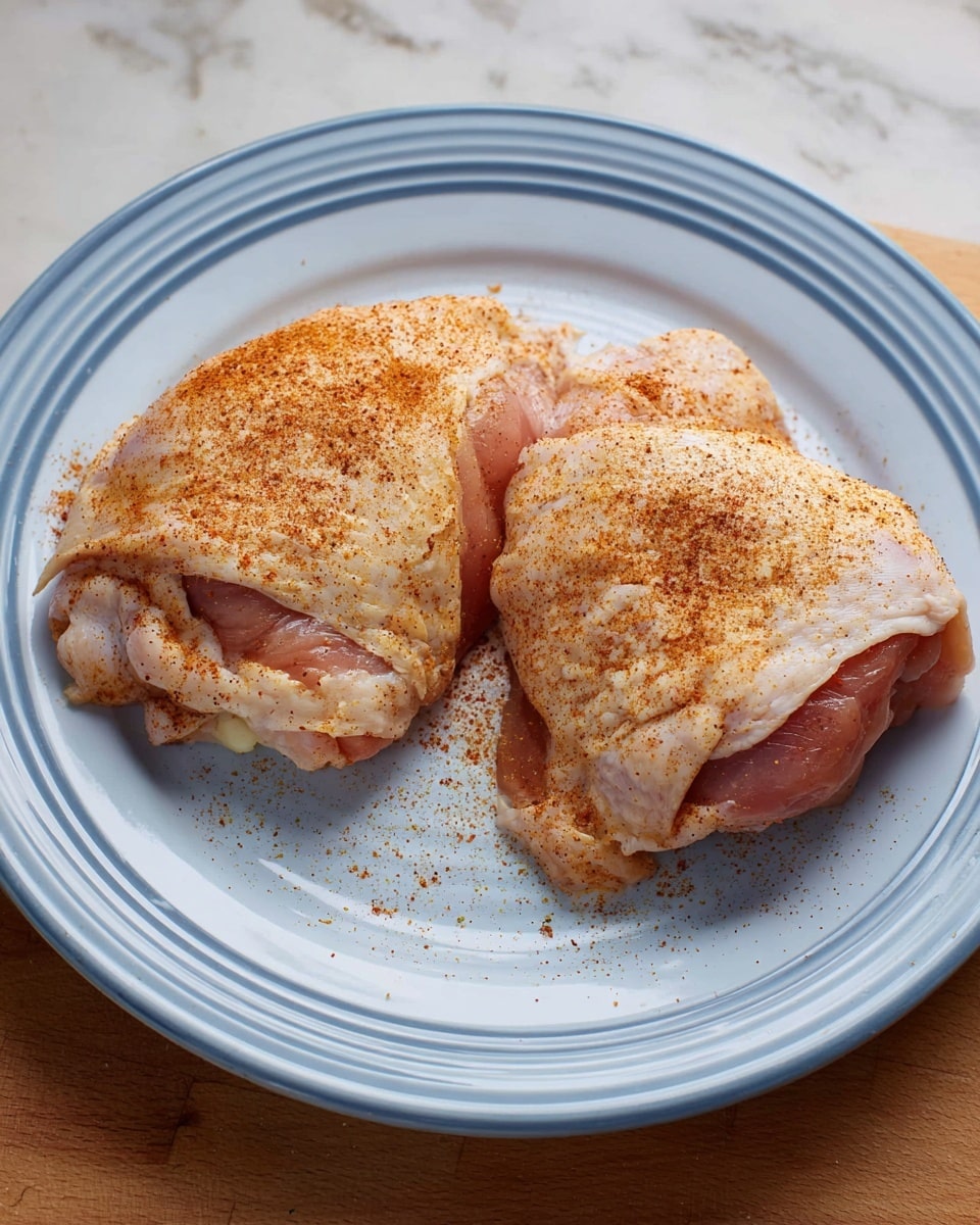 Two raw chicken thighs lay side by side on a white round plate with simple ridges near the edge. Each thigh is covered with pale skin dusted with a light layer of orange-brown spice seasoning spread unevenly on top. The chicken pieces have a mix of smooth and slightly rough textures with some areas showing the pink flesh beneath. The plate sits on a white marbled surface, creating a clean and bright background. photo taken with an iphone --ar 4:5 --v 7