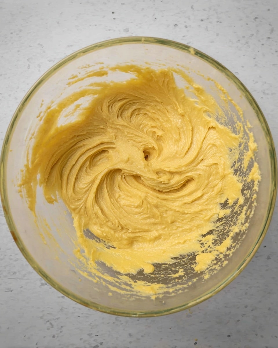 A clear glass bowl sits on a white marbled surface, filled with a smooth, creamy yellow mixture that has a thick, swirled texture. The mixture evenly coats the inside of the bowl, with some remnants sticking lightly to the sides and a few bits around the rim. The surface of the mixture has soft, curved patterns that hint at being stirred or whipped recently. The bowl is well lit, showing the rich yellow color and the glossy, dense texture of the mix. photo taken with an iphone --ar 4:5 --v 7