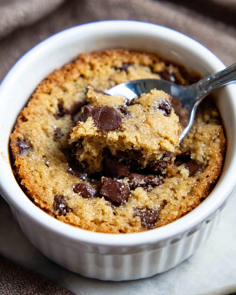 A single white ramekin filled with a warm, golden-brown chocolate chip cookie with a soft center and slightly crispy edges; scattered dark chocolate chunks peek through the top layer. A spoon is scooping from the side, showing the soft texture inside, while the ramekin sits on a surface with a white marbled texture. The photo focuses closely on the cookie with a warm and cozy feel. photo taken with an iphone --ar 4:5 --v 7
