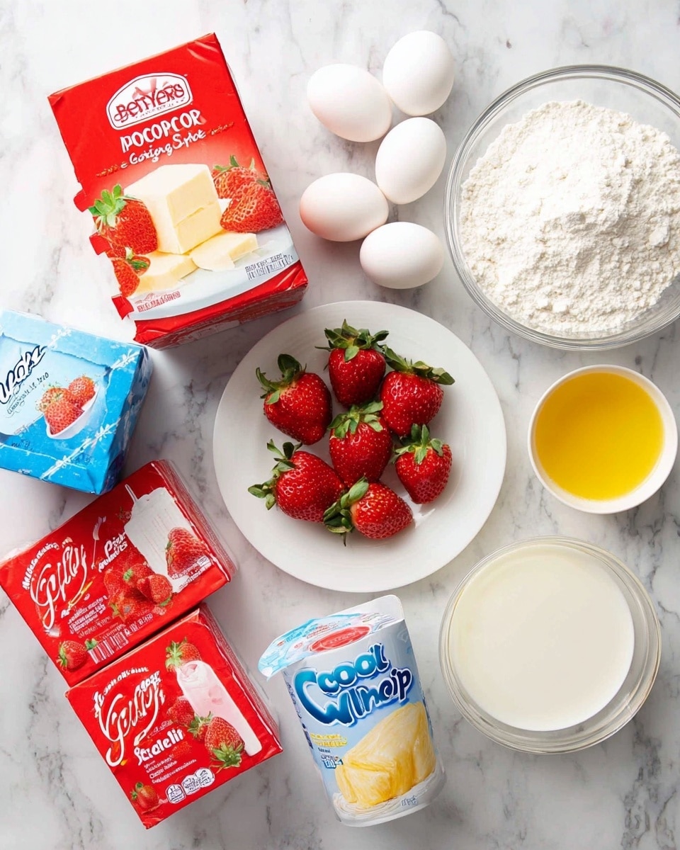 The image shows ingredients for a strawberry cake arranged on a white marbled surface. There are seven fresh strawberries with a bright red color and green leaves placed near the center. Beside them is a red and white box of Betty Crocker Super Moist cake mix. Four whole white eggs are grouped loosely near a small white bowl filled with a yellow liquid, likely oil. A container of Cool Whip with a blue lid is visible near a large white bowl filled with fine white powder, likely flour or sugar. Two blocks of cream cheese in white and blue packaging and a red box of strawberry Jell-O are also present. A small clear glass bowl holding a white liquid, probably milk, completes the setup. A woman's hand is gently touching one of the strawberries. photo taken with an iphone --ar 4:5 --v 7