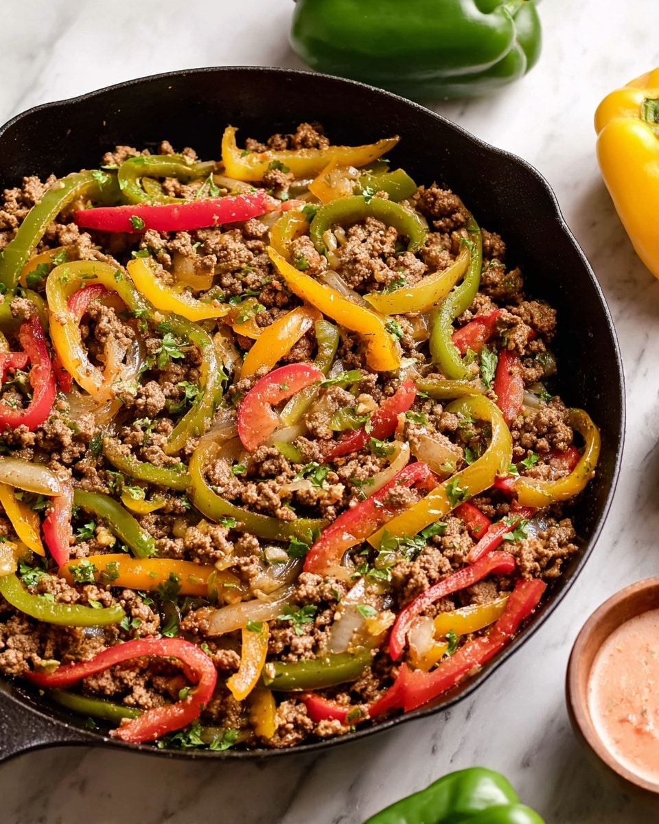 The image shows a black pan filled with cooked ground meat mixed with sliced red, yellow, and green bell peppers and sliced onions. The peppers are bright and slightly soft with some charred spots, and the ground meat is brown and crumbly, evenly spread throughout the pan. Small green herb pieces are scattered over the top, adding a fresh touch. The pan is set on a white marbled surface, and next to it is a whole green bell pepper and a small bowl with a pinkish sauce or salsa visible on the side. Photo taken with an iphone --ar 4:5 --v 7